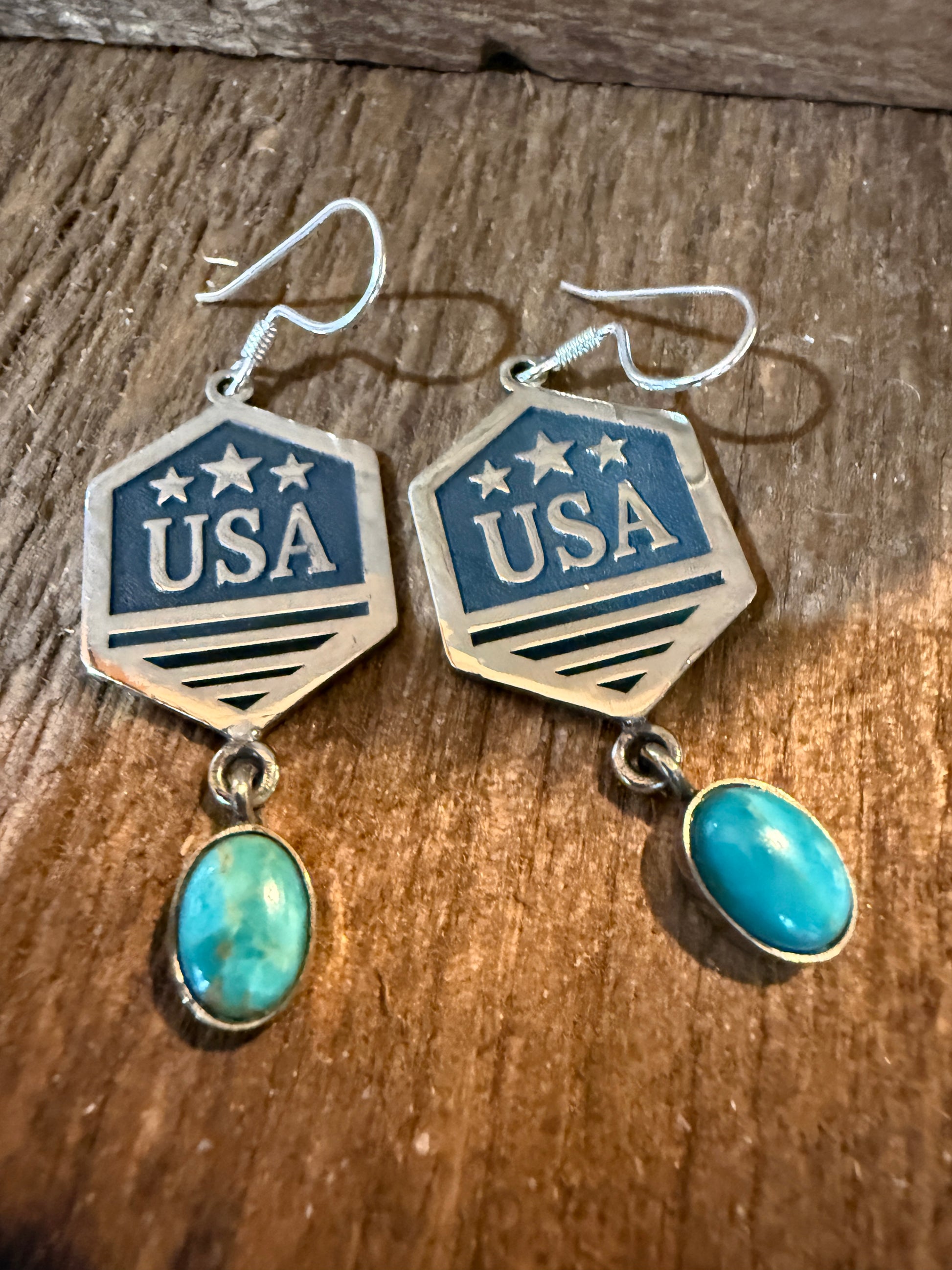 USA America Patriots Kingman Turquoise Sterling Silver Wire Drop Earrings 2 Inch Wild West Boho