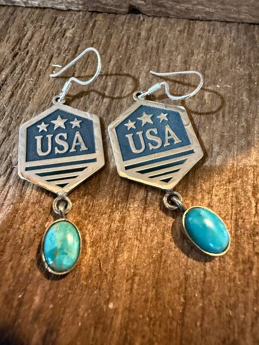 USA America Patriots Kingman Turquoise Sterling Silver Wire Drop Earrings 2 Inch Wild West Boho