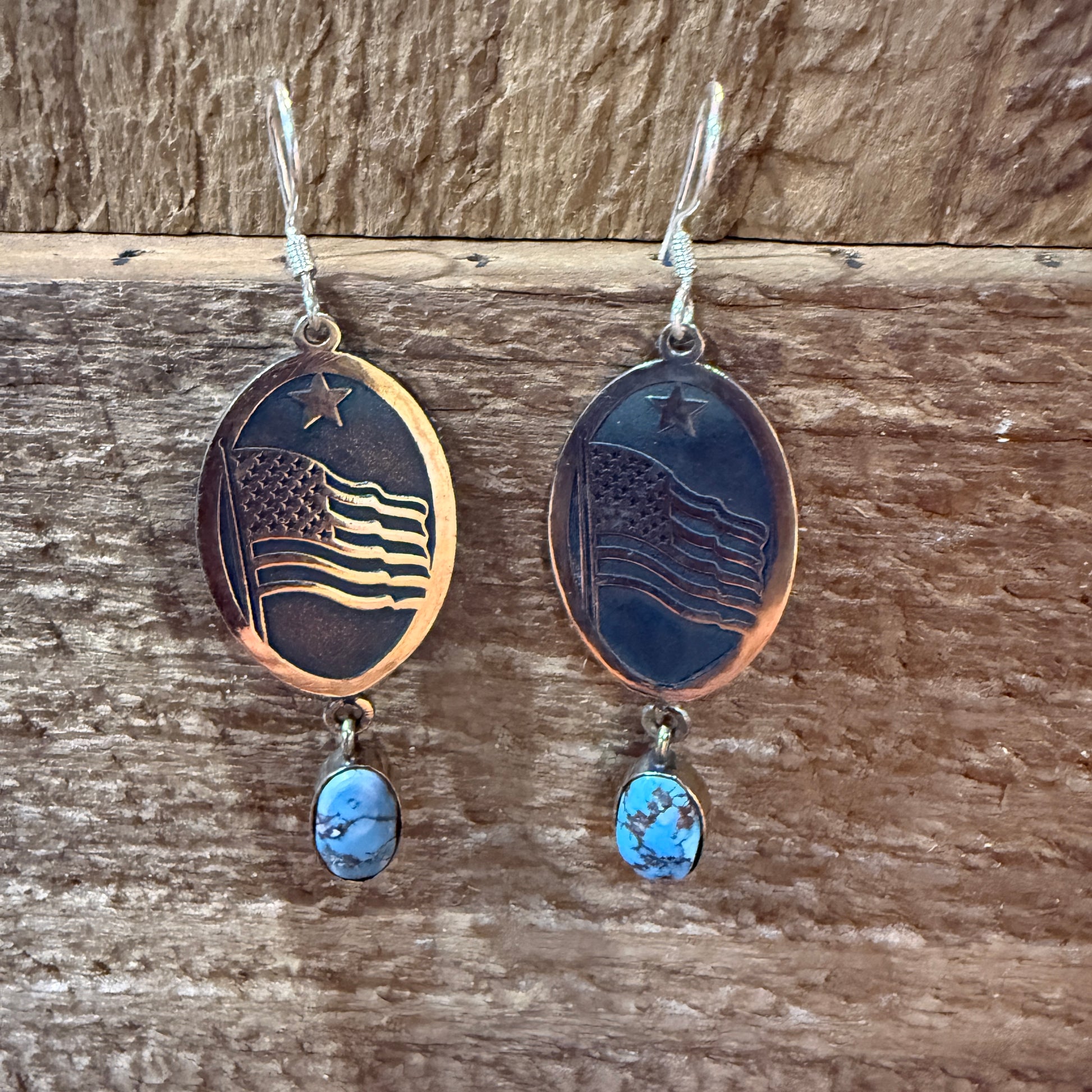 Golden Hills Turquoise USA Flag Patriots Drop Wire Earrings In Sterling Silver 2 Inch Wild West Boho