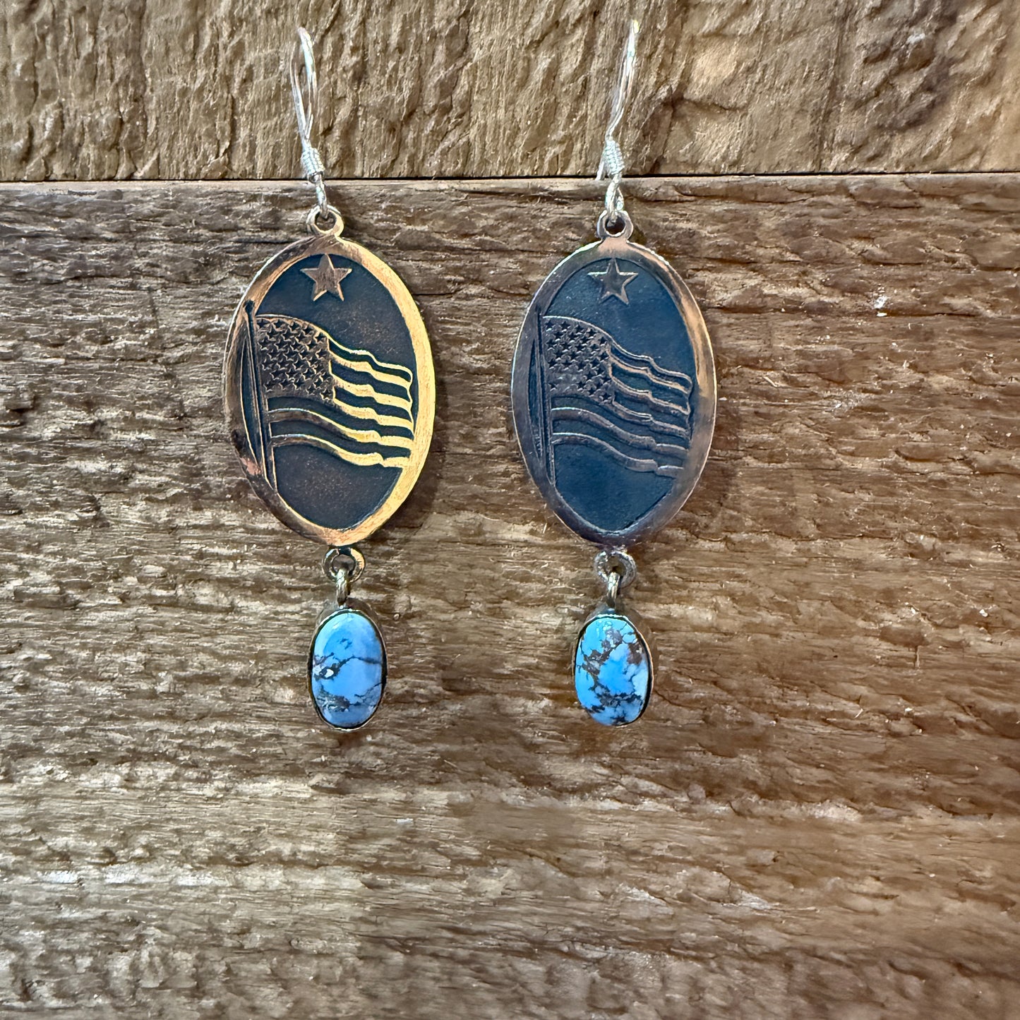 Golden Hills Turquoise USA Flag Patriots Drop Wire Earrings In Sterling Silver 2 Inch Wild West Boho