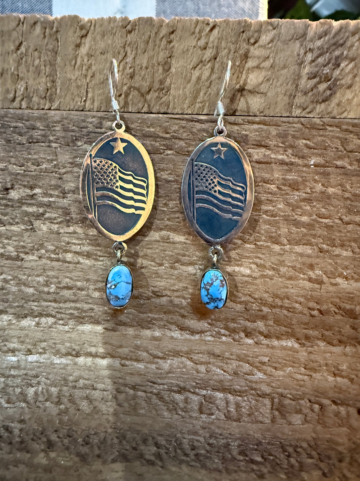Golden Hills Turquoise USA Flag Patriots Drop Wire Earrings In Sterling Silver 2 Inch Wild West Boho