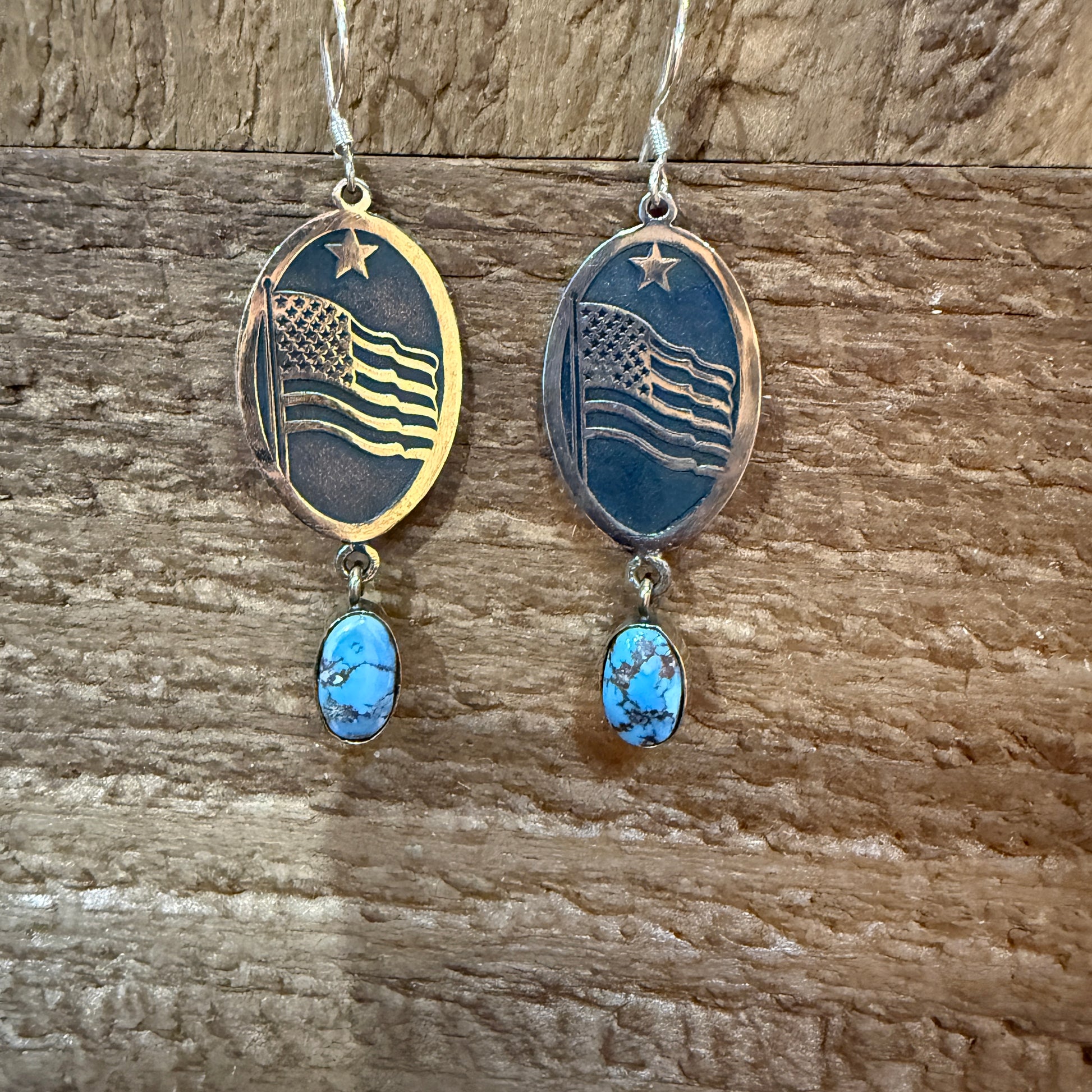 Golden Hills Turquoise USA Flag Patriots Drop Wire Earrings In Sterling Silver 2 Inch Wild West Boho