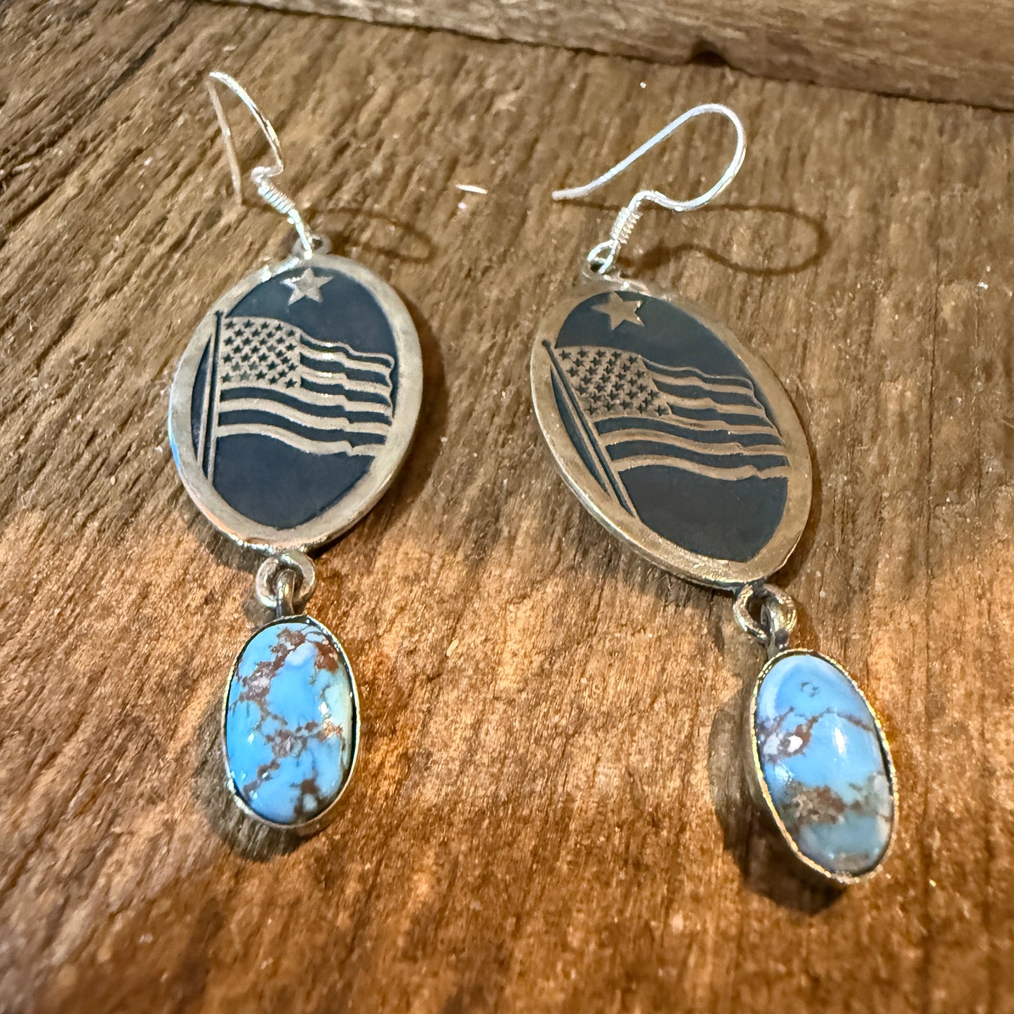Golden Hills Turquoise USA Flag Patriots Drop Wire Earrings In Sterling Silver 2 Inch Wild West Boho