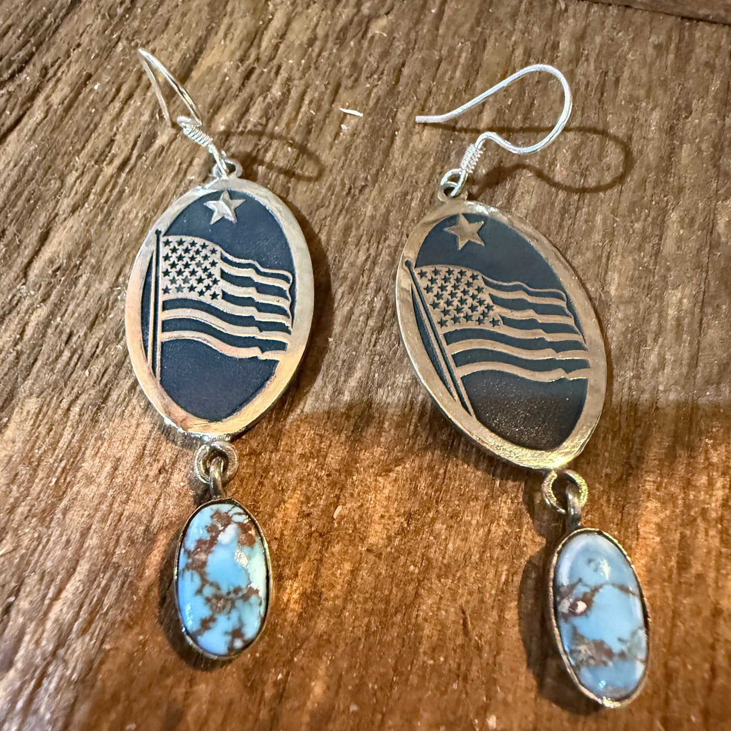 Golden Hills Turquoise USA Flag Patriots Drop Wire Earrings In Sterling Silver 2 Inch Wild West Boho