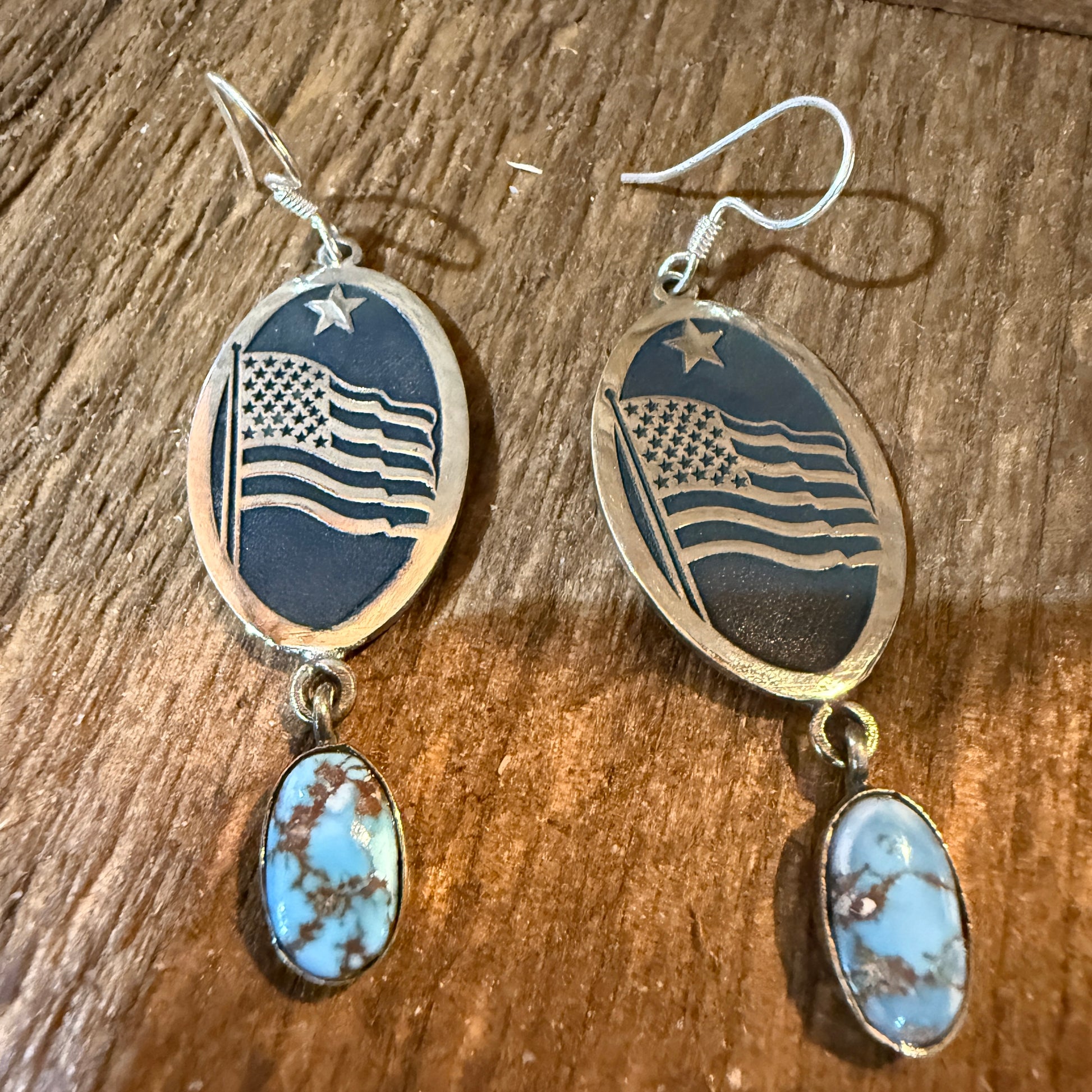 Golden Hills Turquoise USA Flag Patriots Drop Wire Earrings In Sterling Silver 2 Inch Wild West Boho