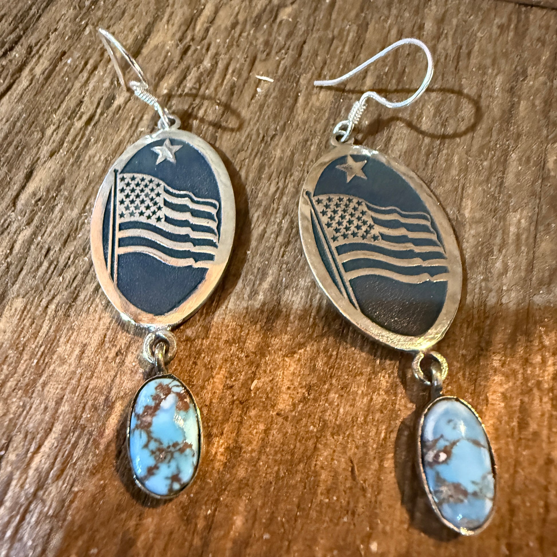 Golden Hills Turquoise USA Flag Patriots Drop Wire Earrings In Sterling Silver 2 Inch Wild West Boho