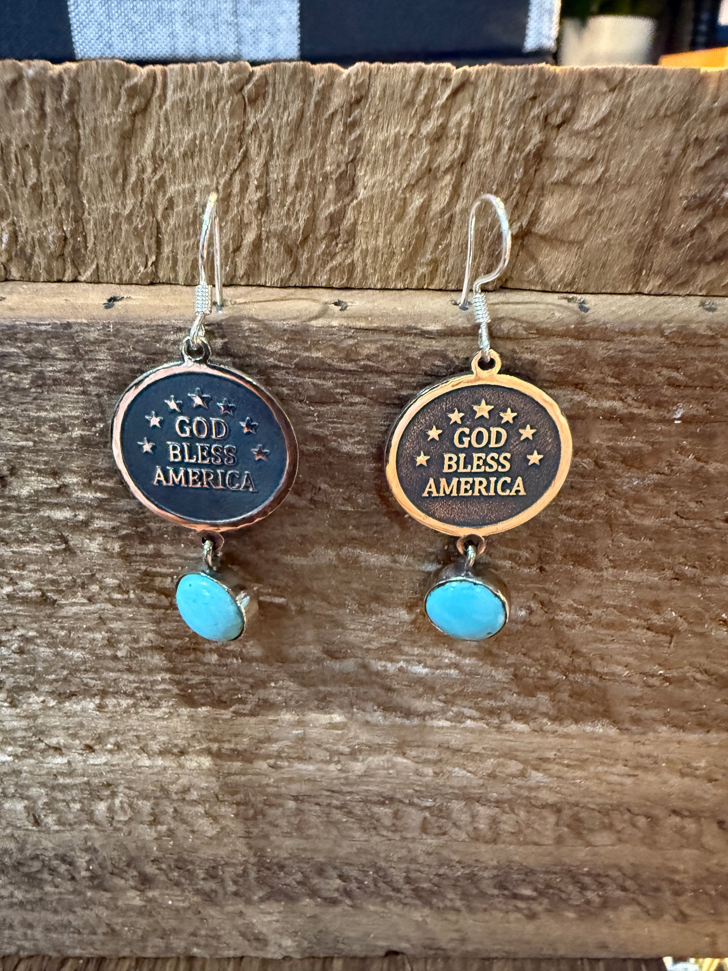 God Bless America Kingman Turquoise Wire Drop Earrings 2 Inch Sterling Silver Wild West Boho
