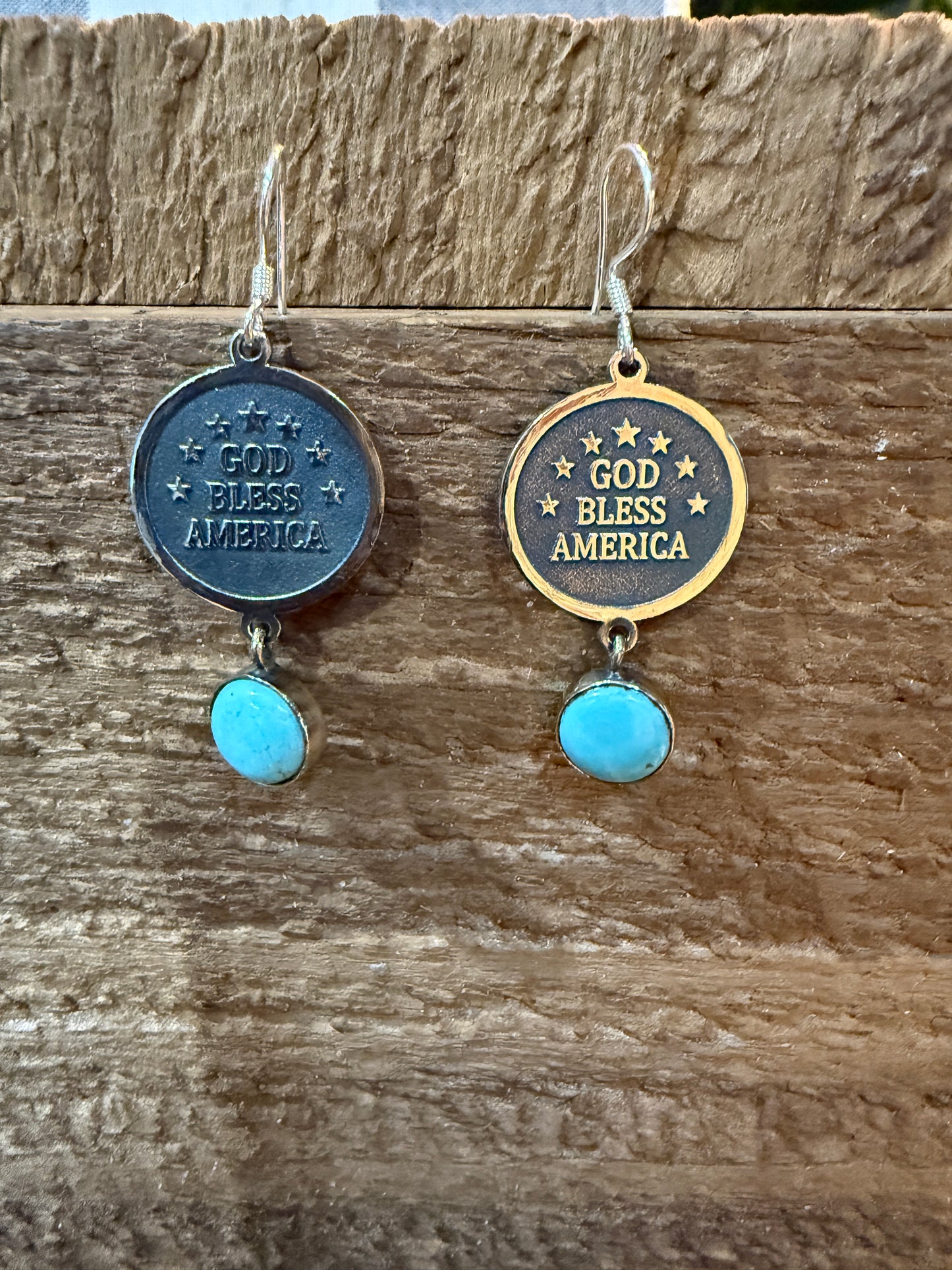 God Bless America Kingman Turquoise Wire Drop Earrings 2 Inch Sterling Silver Wild West Boho