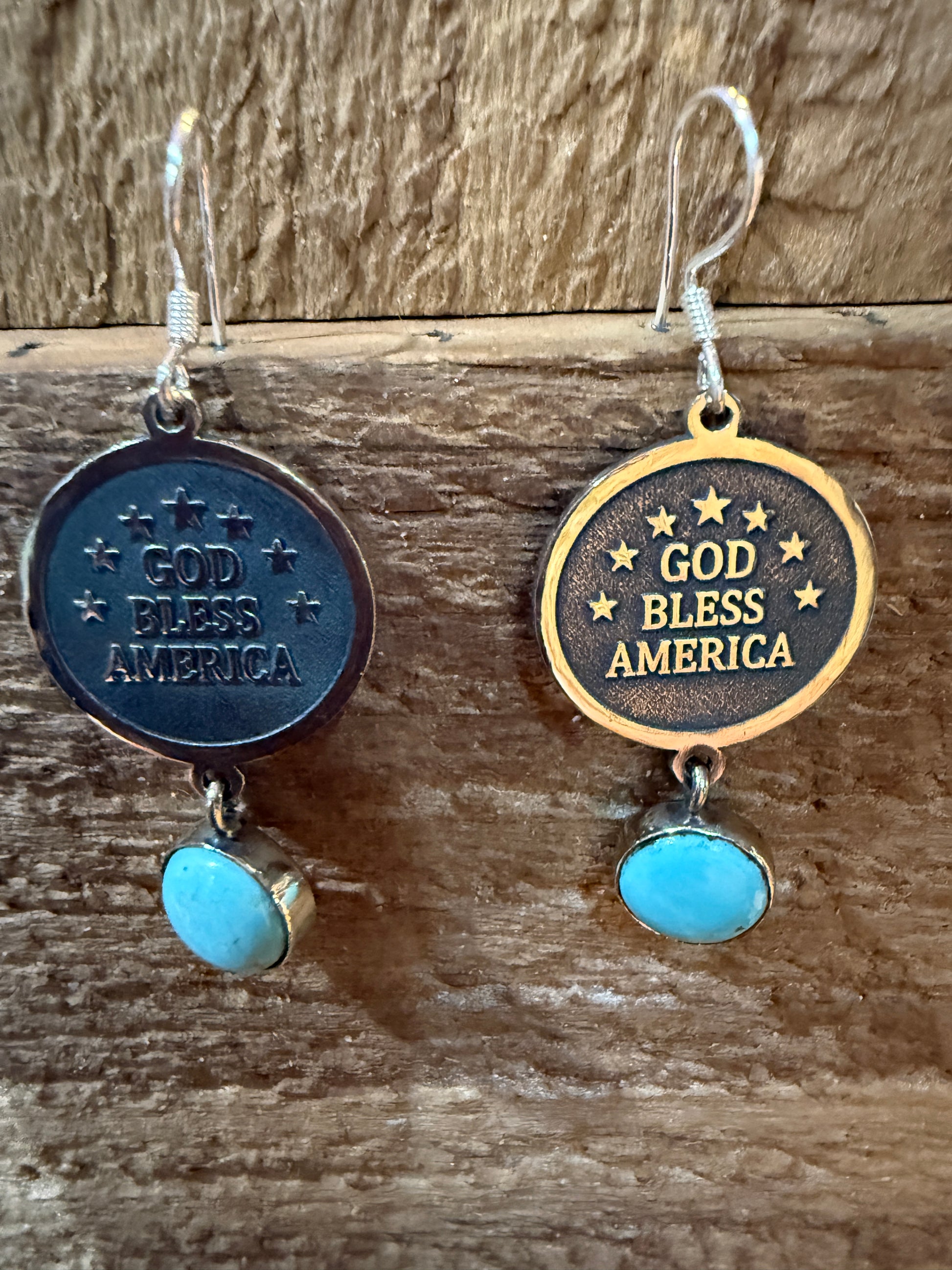 God Bless America Kingman Turquoise Wire Drop Earrings 2 Inch Sterling Silver Wild West Boho