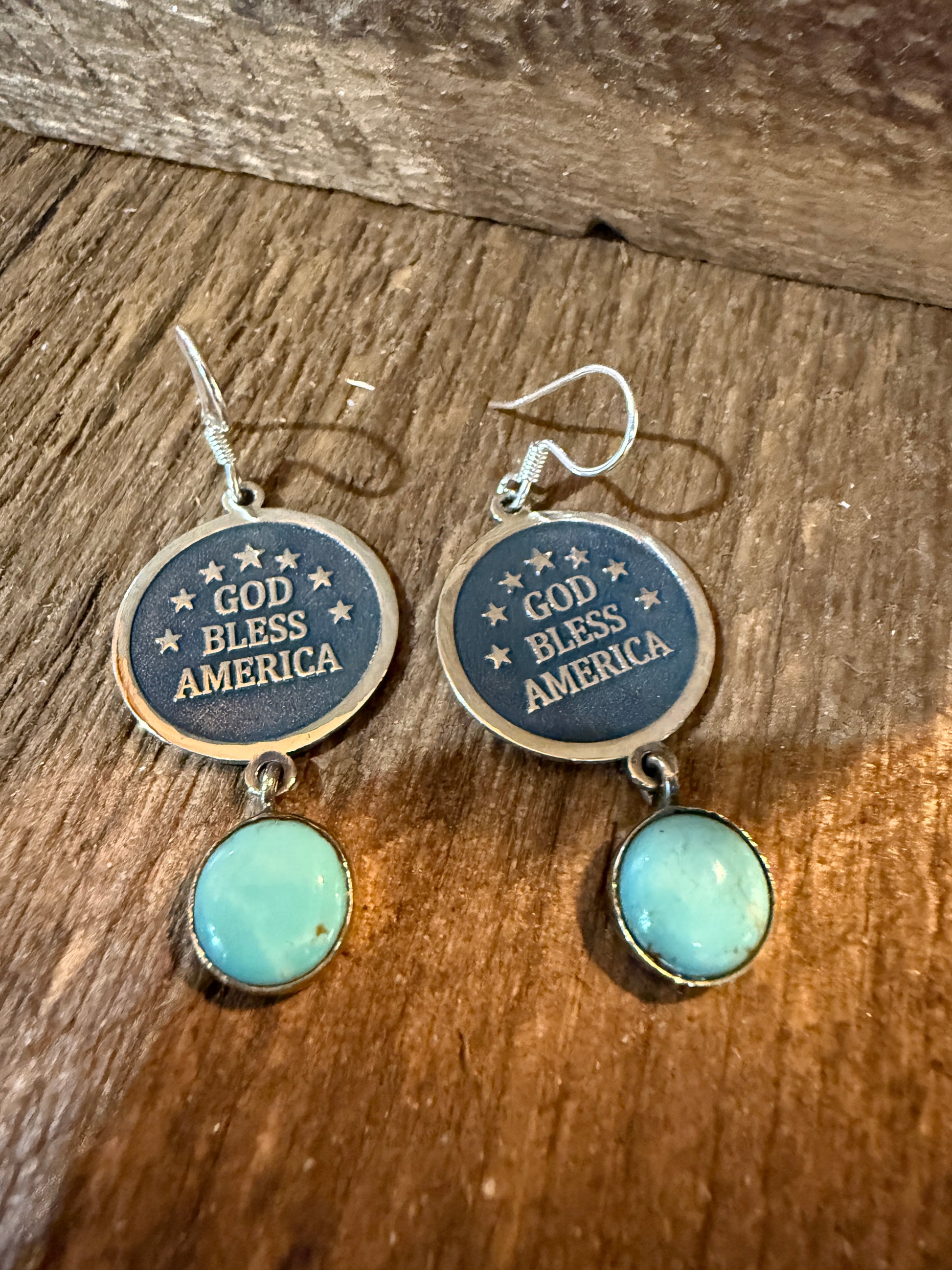 God Bless America Kingman Turquoise Wire Drop Earrings 2 Inch Sterling Silver Wild West Boho
