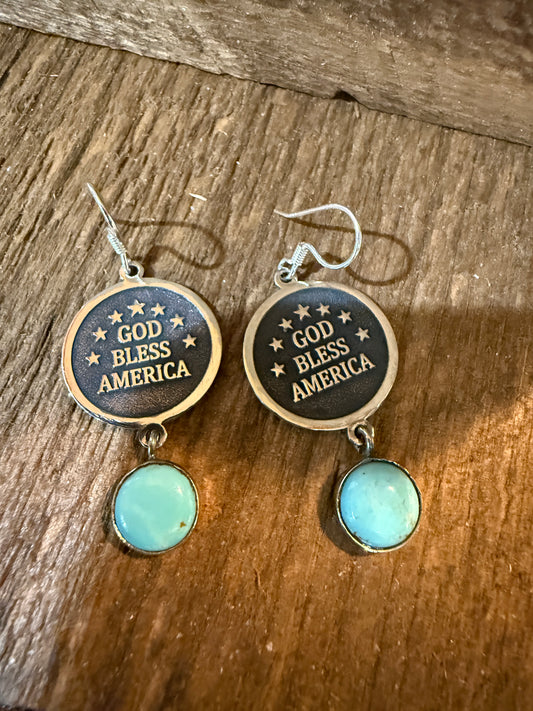 God Bless America Kingman Turquoise Wire Drop Earrings 2 Inch Sterling Silver Wild West Boho