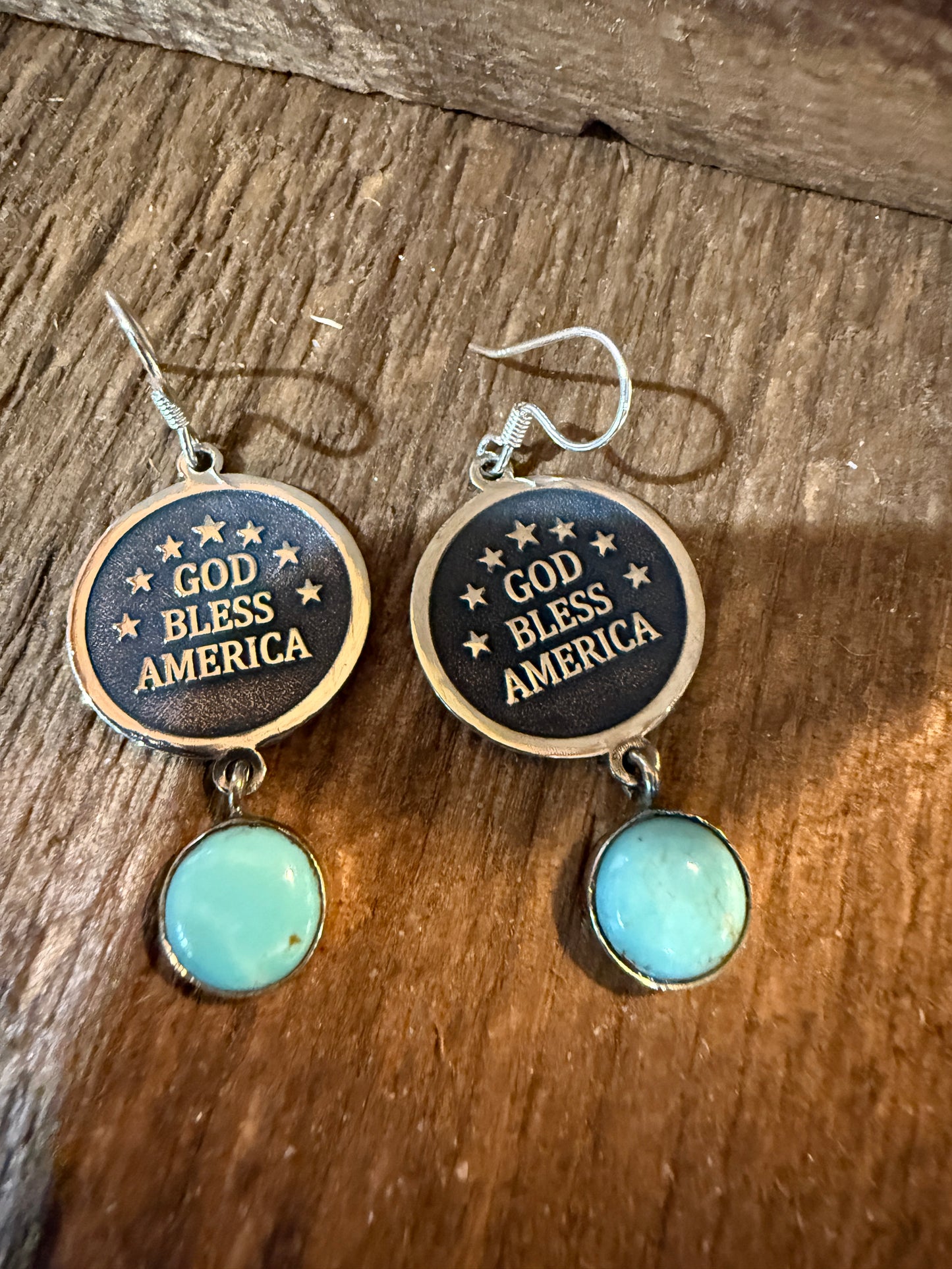 God Bless America Kingman Turquoise Wire Drop Earrings 2 Inch Sterling Silver Wild West Boho