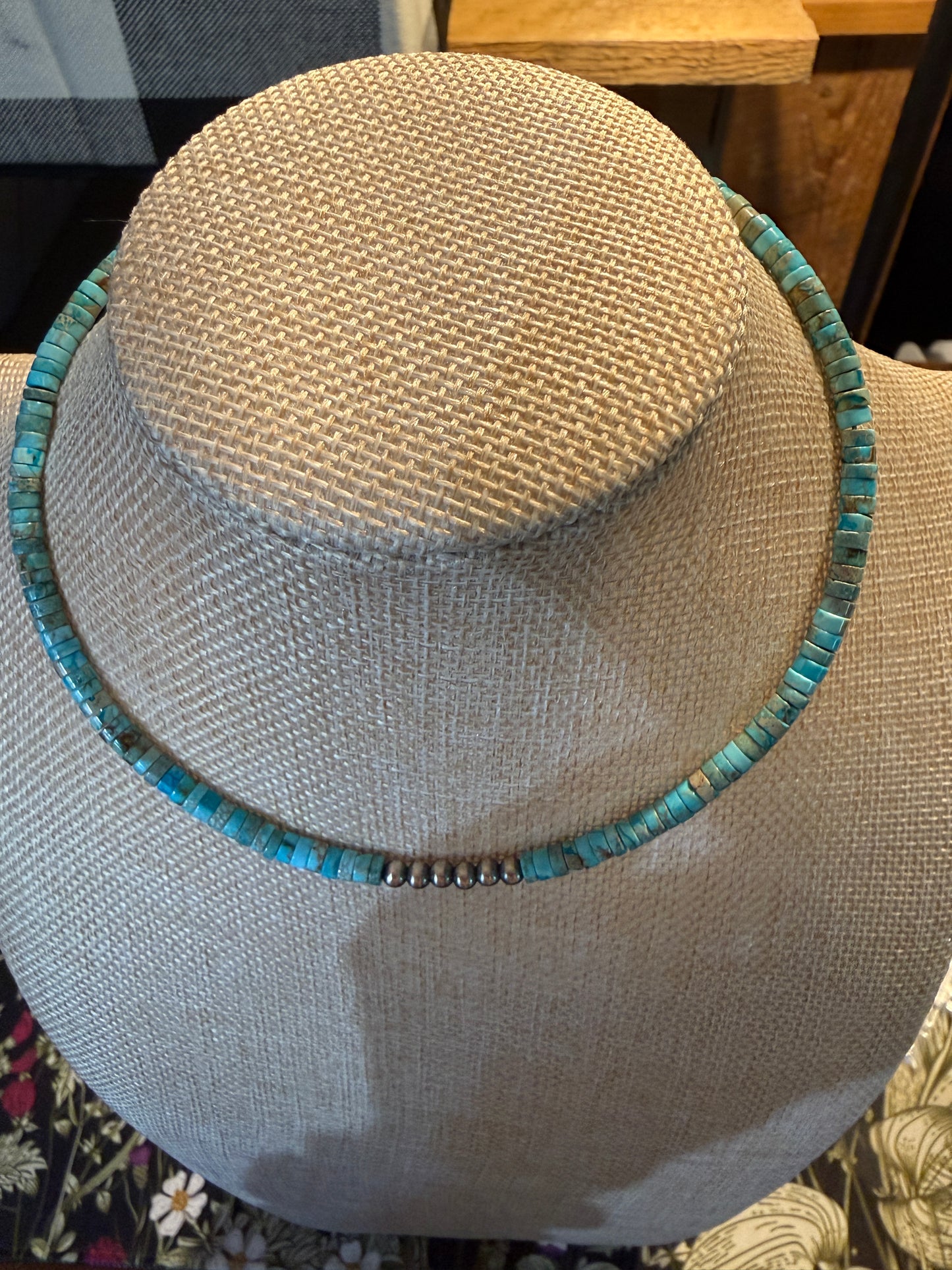 Kingman Turquoise and Sterling Pearls Choker Wire Beaded Necklace Wild West Boho