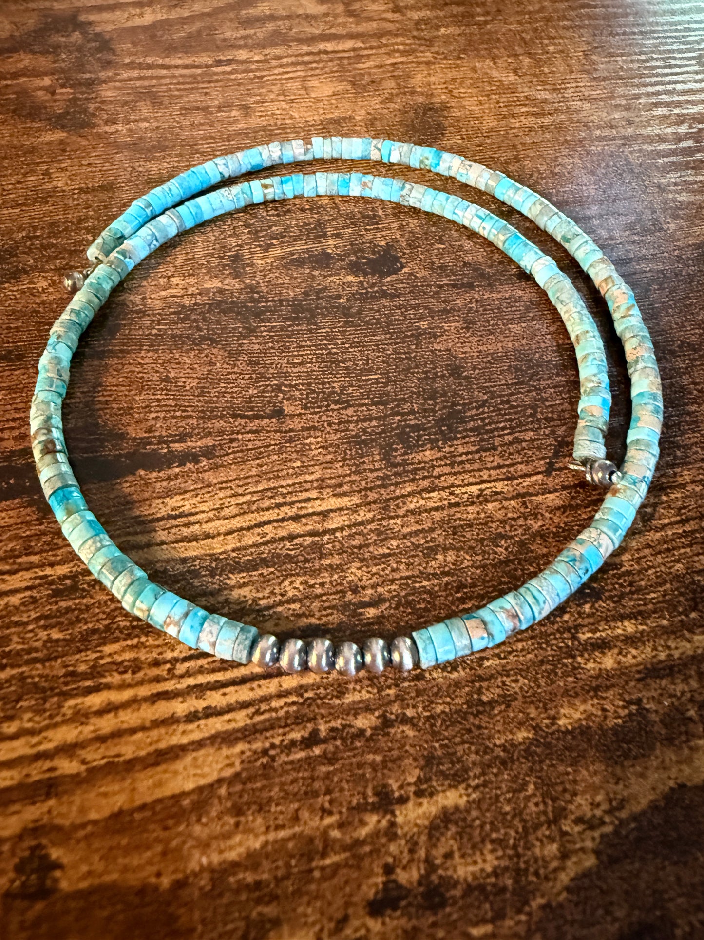 Kingman Turquoise and Sterling Pearls Choker Wire Beaded Necklace Wild West Boho