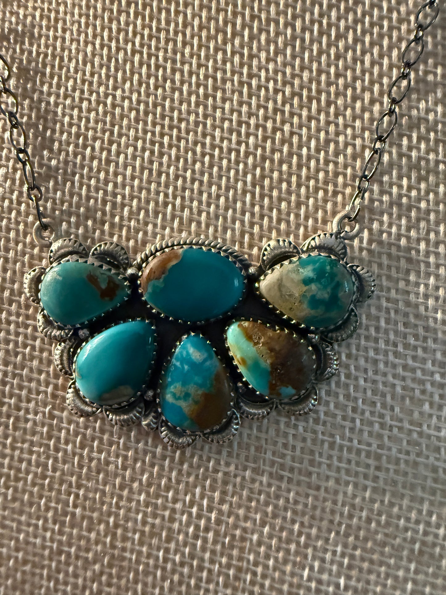 Fox Turquoise Gemstone Half Cluster Necklace, Sterling Silver, 18 Inch Chain Wild West Boho