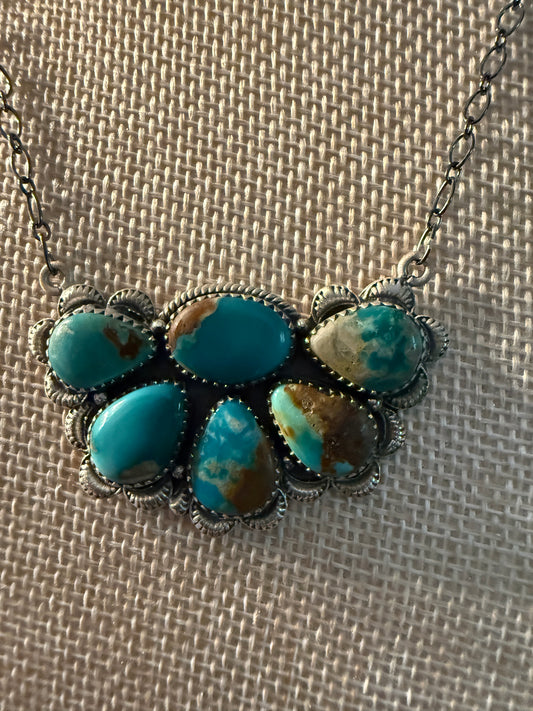 Fox Turquoise Gemstone Half Cluster Necklace, Sterling Silver, 18 Inch Chain Wild West Boho