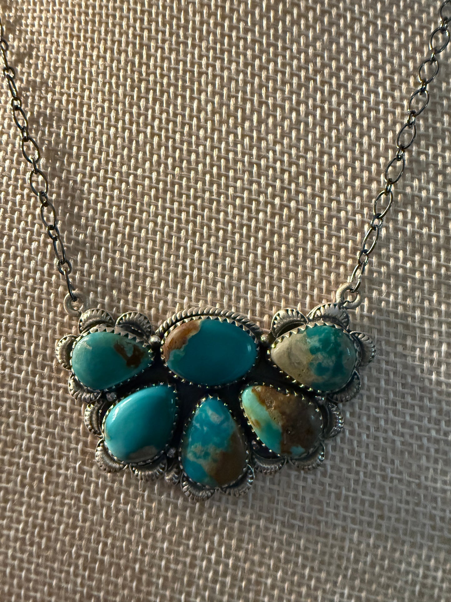 Fox Turquoise Gemstone Half Cluster Necklace, Sterling Silver, 18 Inch Chain Wild West Boho