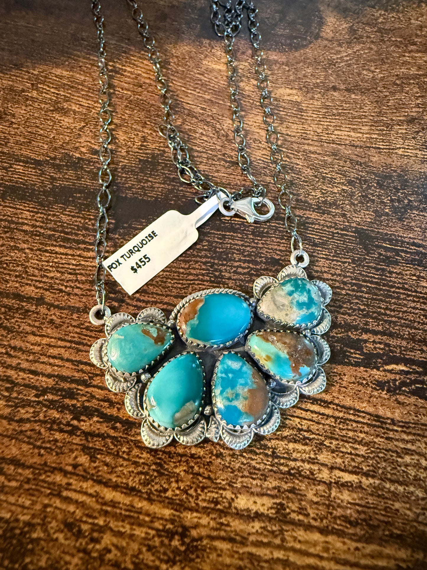 Fox Turquoise Gemstone Half Cluster Necklace, Sterling Silver, 18 Inch Chain Wild West Boho