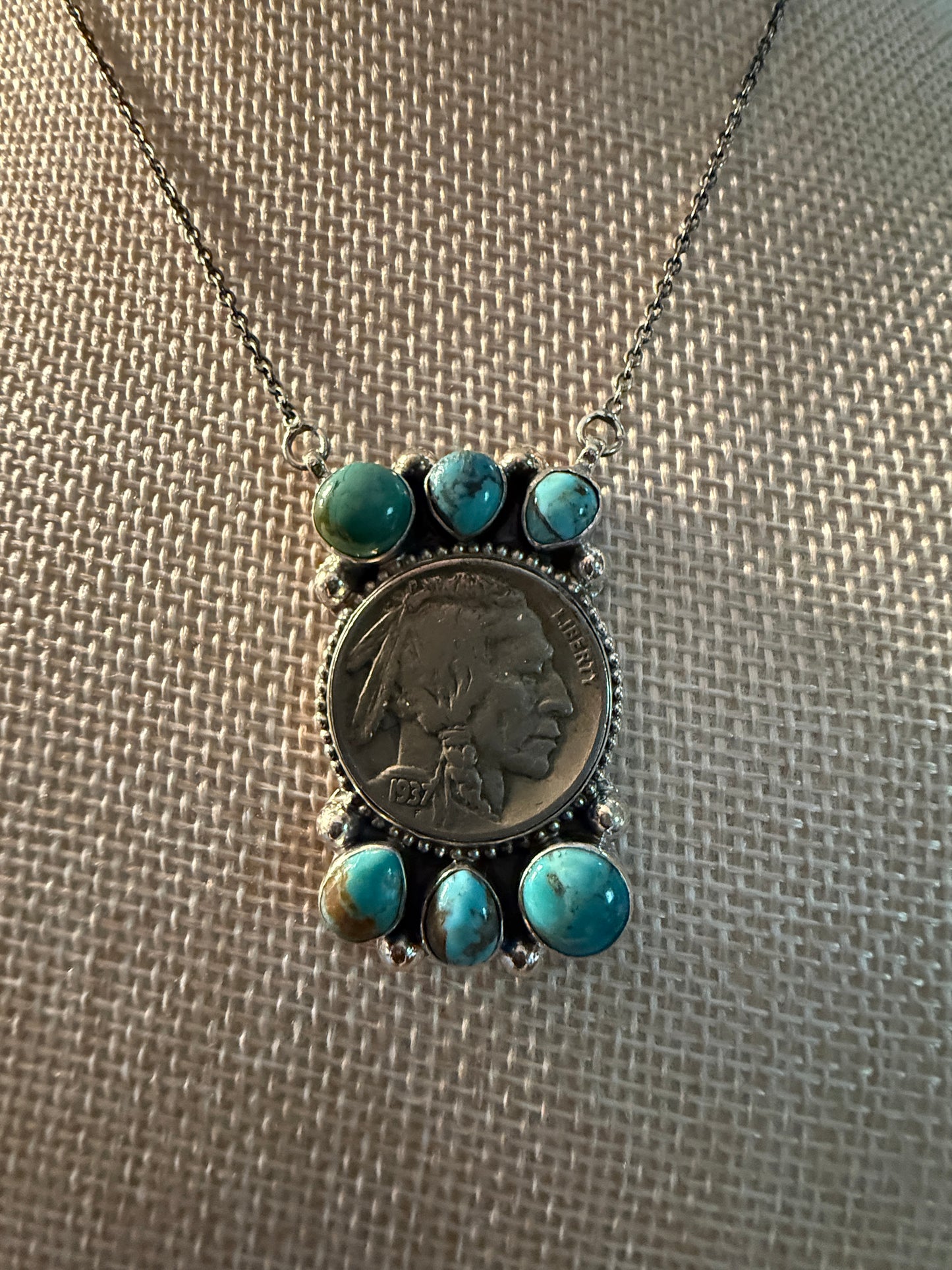 Indian Head Kingman Turquoise Sterling Silver Necklace, 18 Inch Chain Wild West Boho
