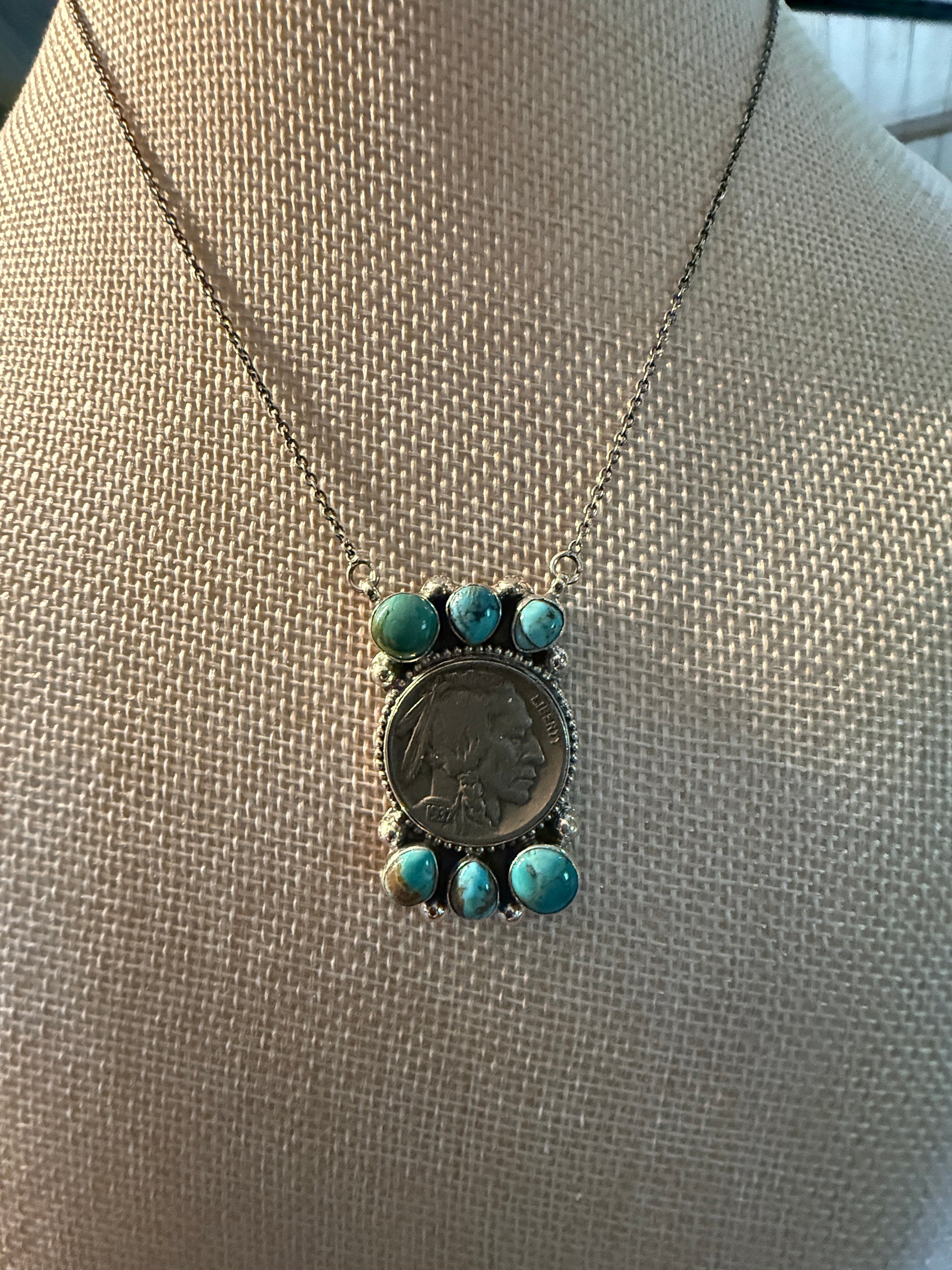 Indian Head Kingman Turquoise Sterling Silver Necklace, 18 Inch Chain Wild West Boho