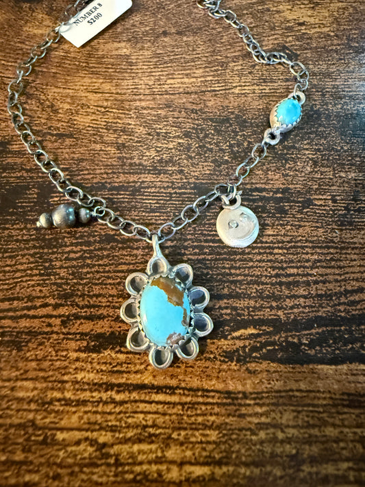 Number 8 Mine Turquoise Gemstone Anklet Chain, Sterling Silver, 11 Inch Chain Wild West Boho