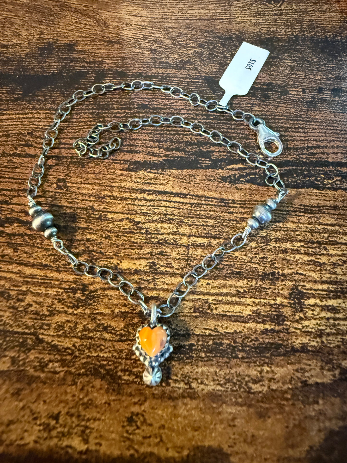 Pink Conch Turquoise Gemstone Heart Anklet Chain, Sterling Silver, 11 Inch Chain Wild West Boho