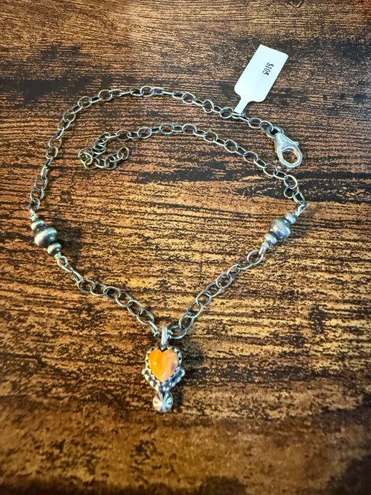 Pink Conch Turquoise Gemstone Heart Anklet Chain, Sterling Silver, 11 Inch Chain Wild West Boho