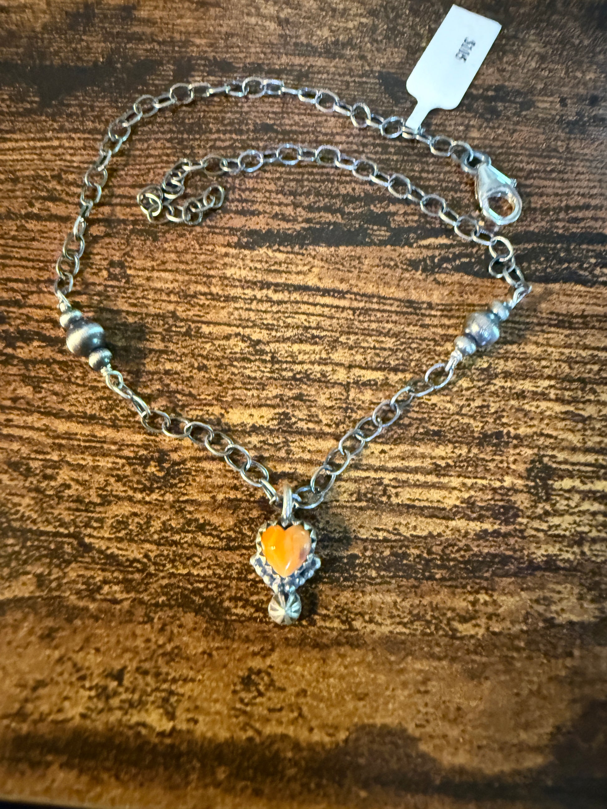Pink Conch Turquoise Gemstone Heart Anklet Chain, Sterling Silver, 11 Inch Chain Wild West Boho
