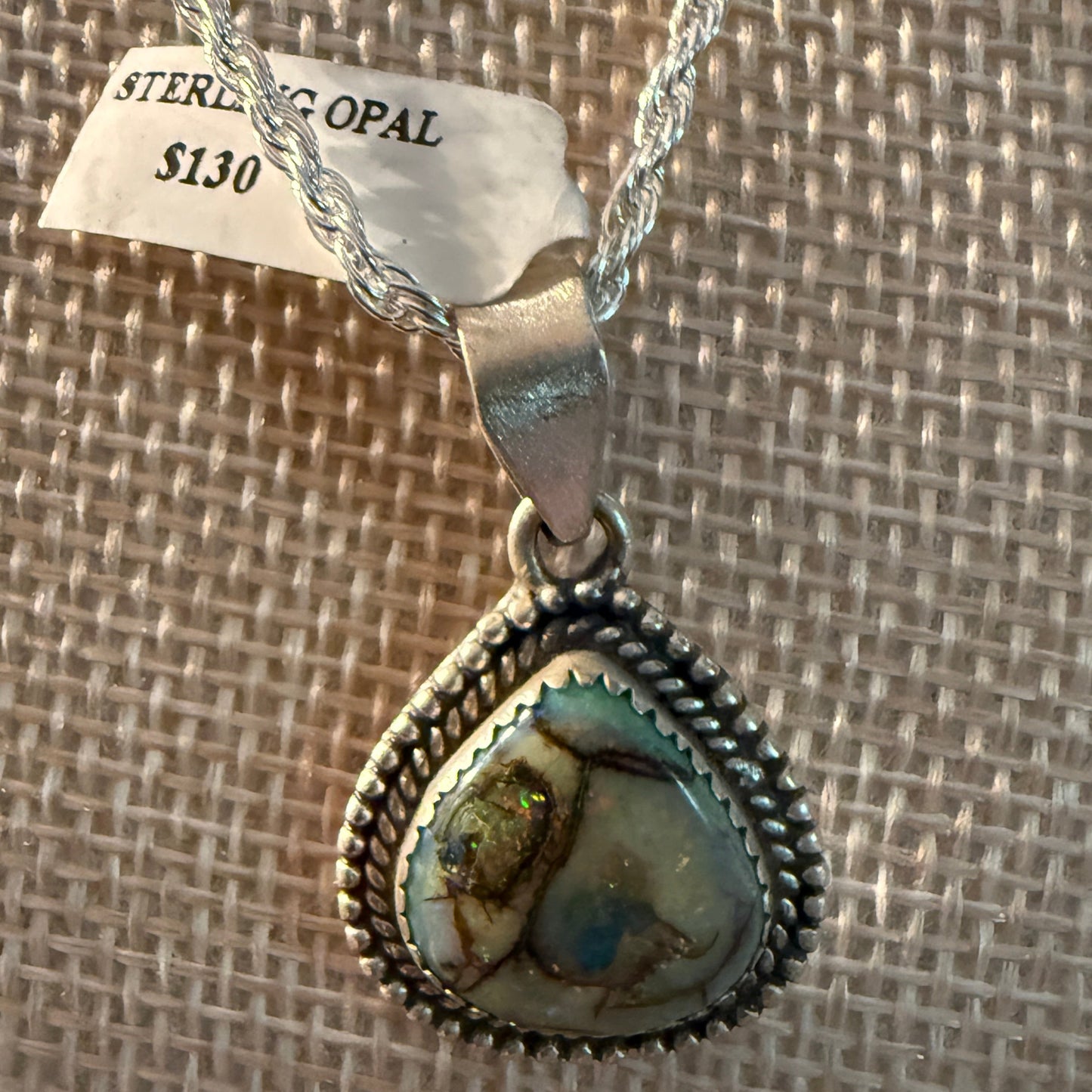 Green Opal Gemstone Necklace, Sterling Silver, 20 Inch Chain Wild West Boho