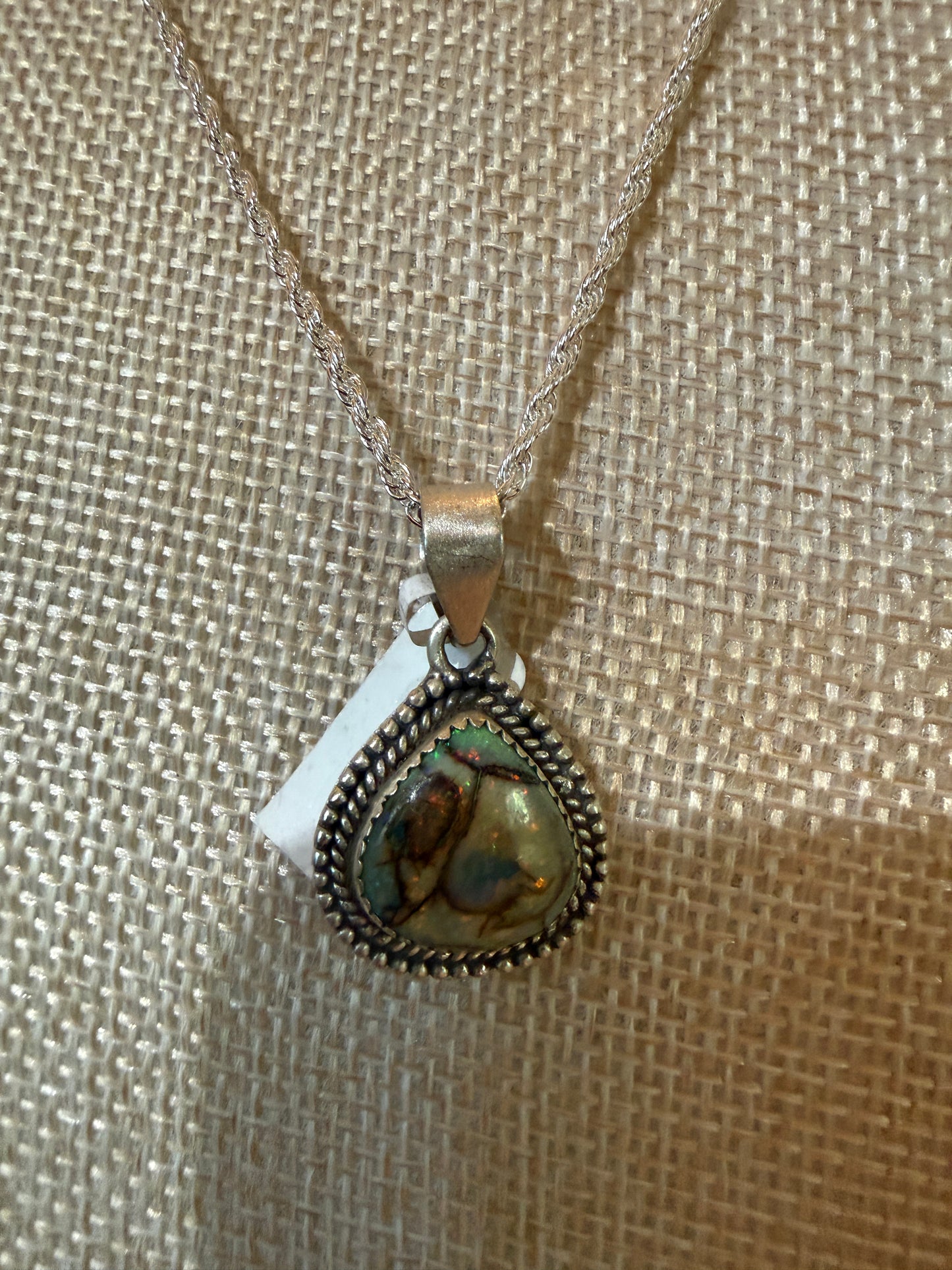 Green Opal Gemstone Necklace, Sterling Silver, 20 Inch Chain Wild West Boho