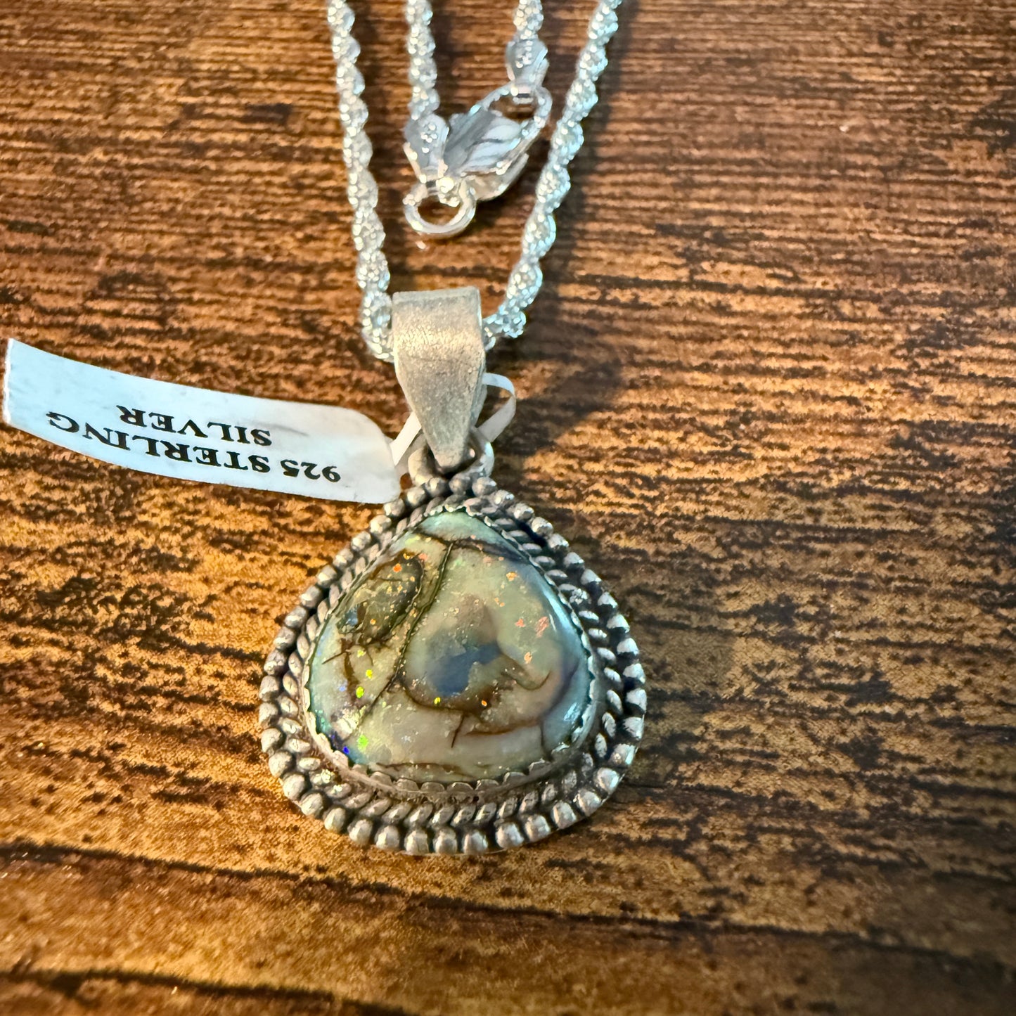 Green Opal Gemstone Necklace, Sterling Silver, 20 Inch Chain Wild West Boho