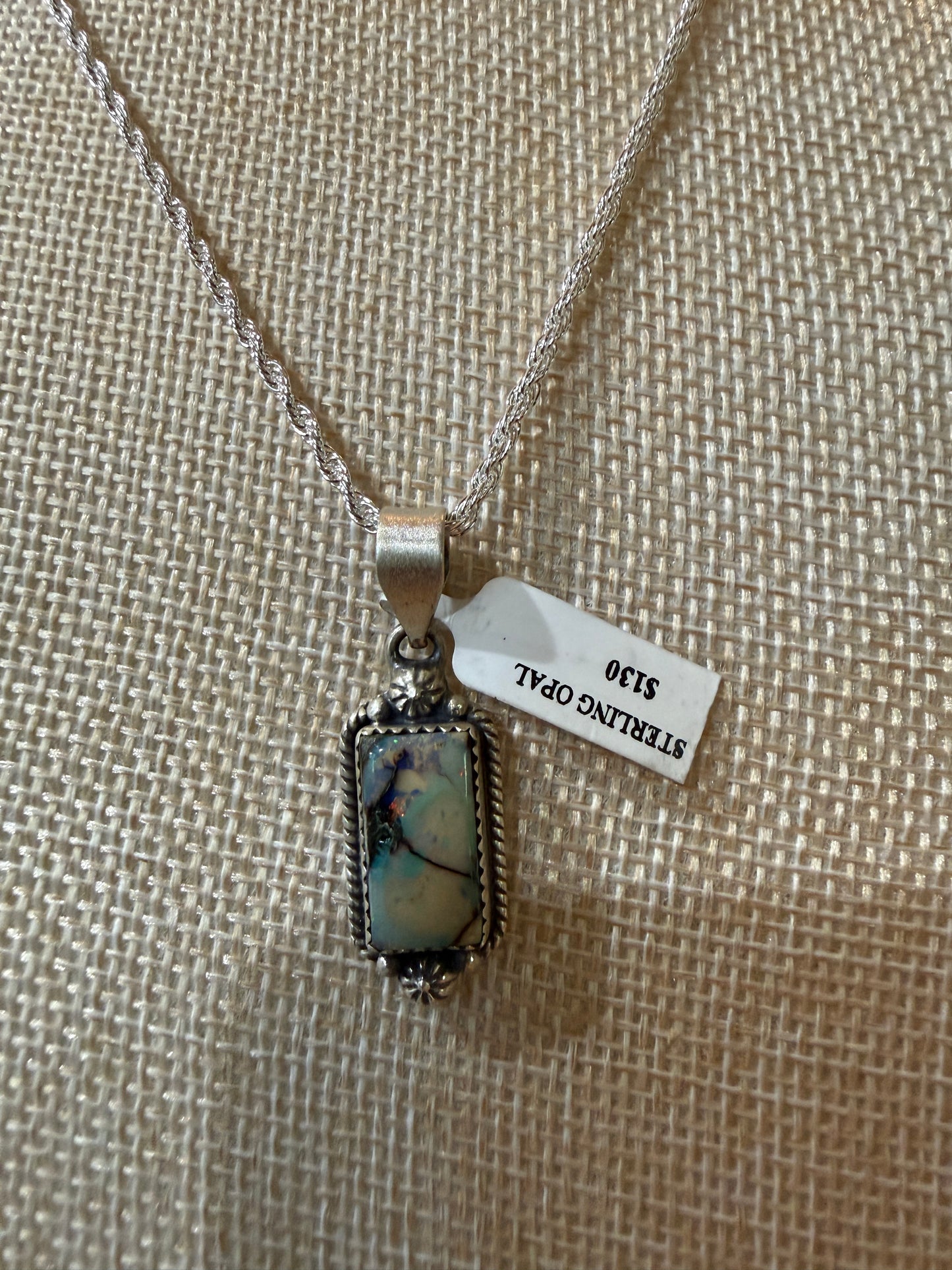 Blue Opal Gemstone Necklace, 925 Sterling Silver, 20 Inch Chain Wild West Boho