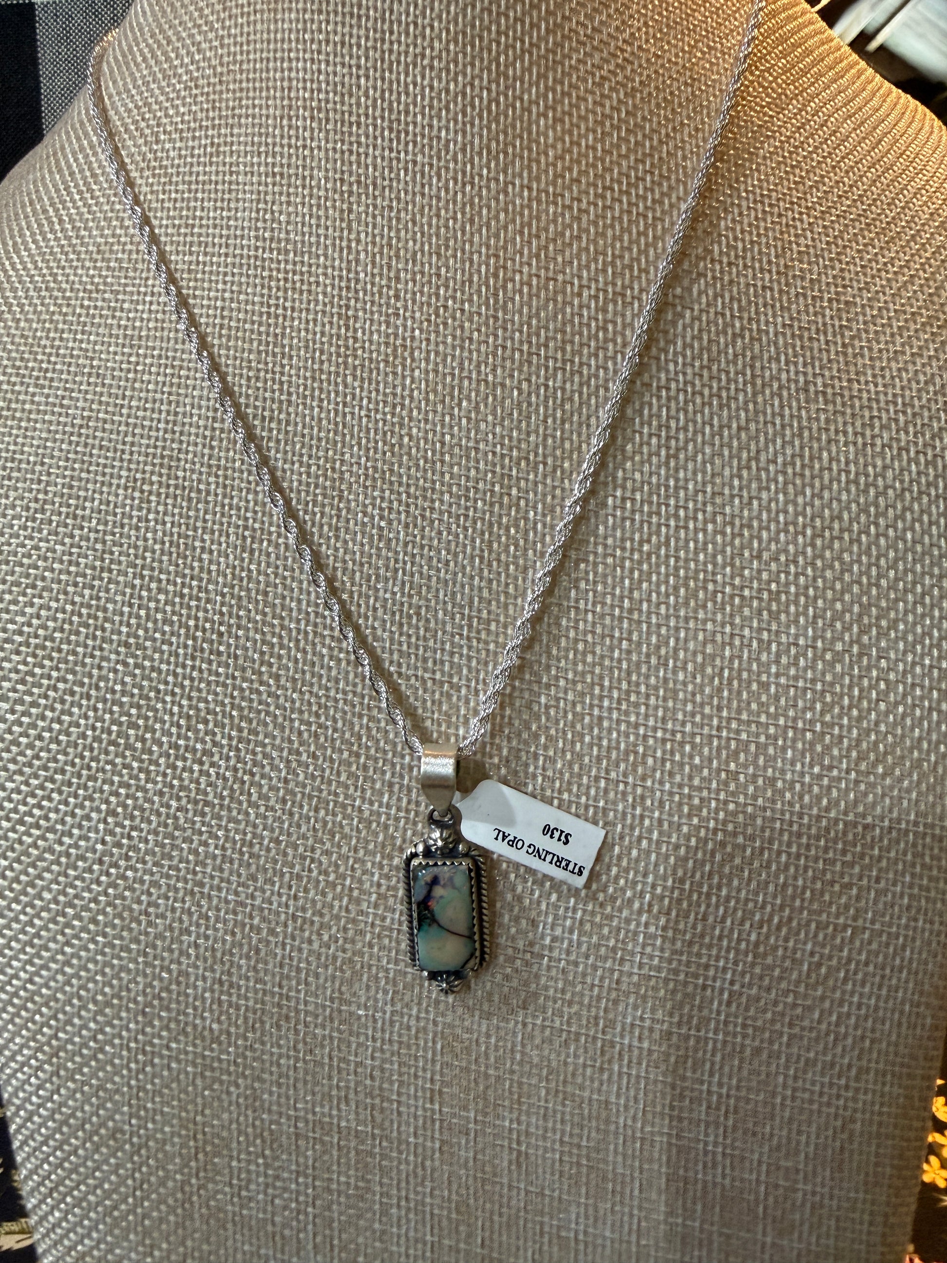 Blue Opal Gemstone Necklace, 925 Sterling Silver, 20 Inch Chain Wild West Boho