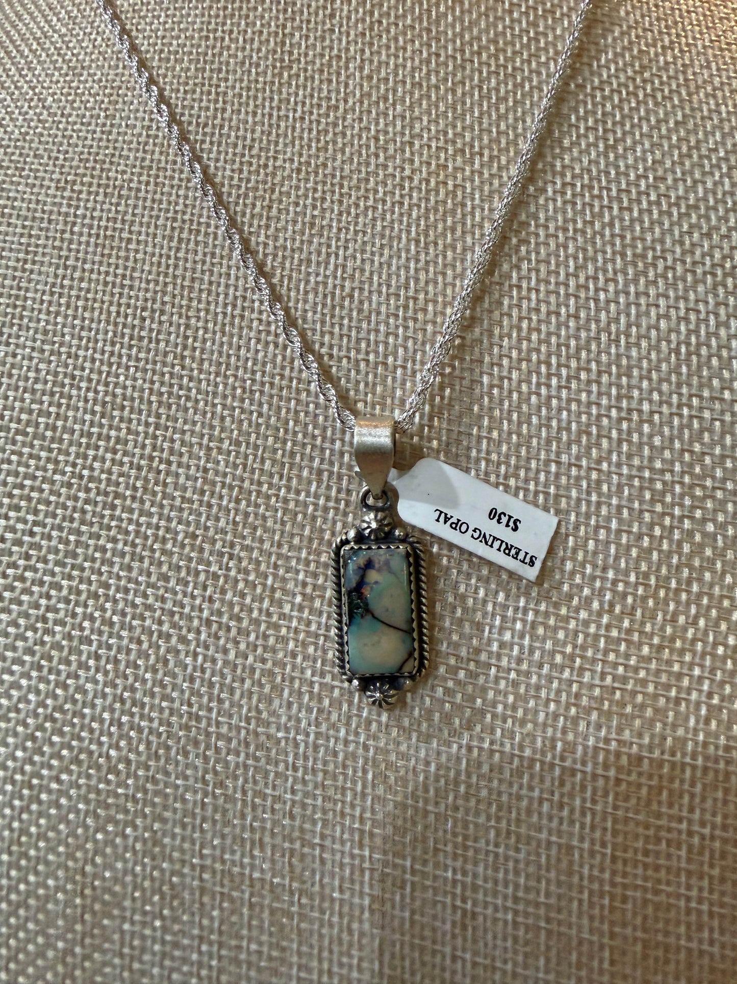 Blue Opal Gemstone Necklace, 925 Sterling Silver, 20 Inch Chain Wild West Boho