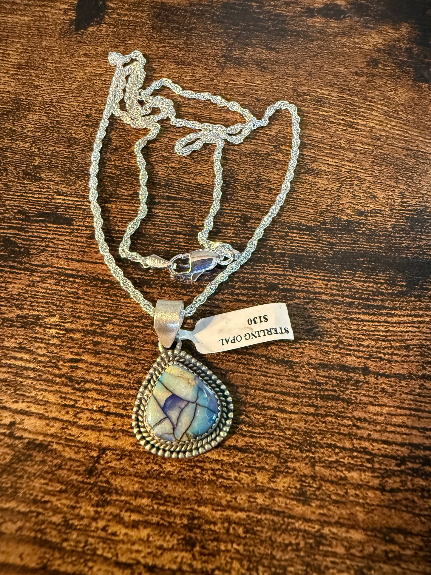 Blue Opal Gemstone Necklace, Sterling Silver, 20 Inch Chain Wild West Boho