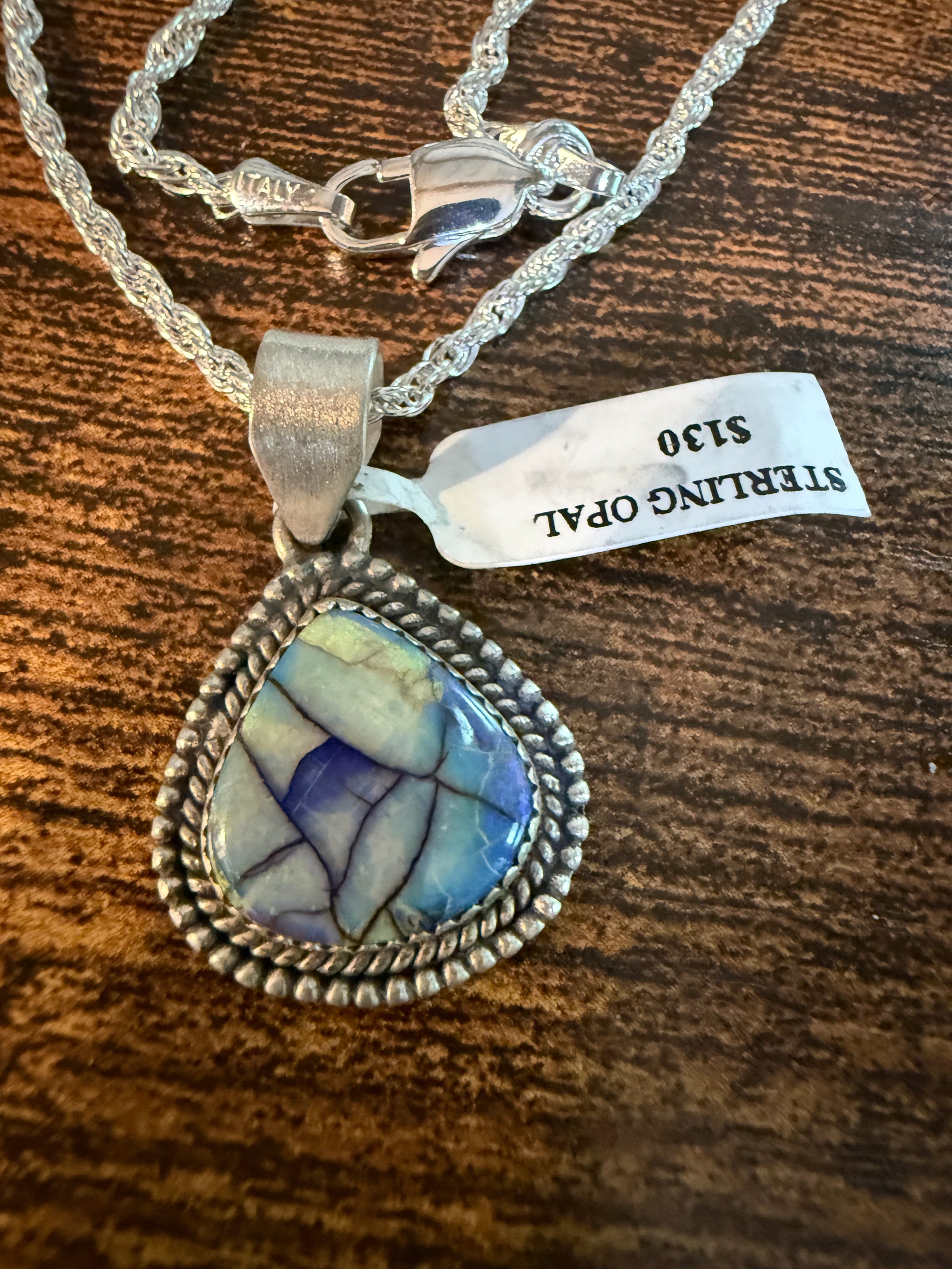 Blue Opal Gemstone Necklace, Sterling Silver, 20 Inch Chain Wild West Boho