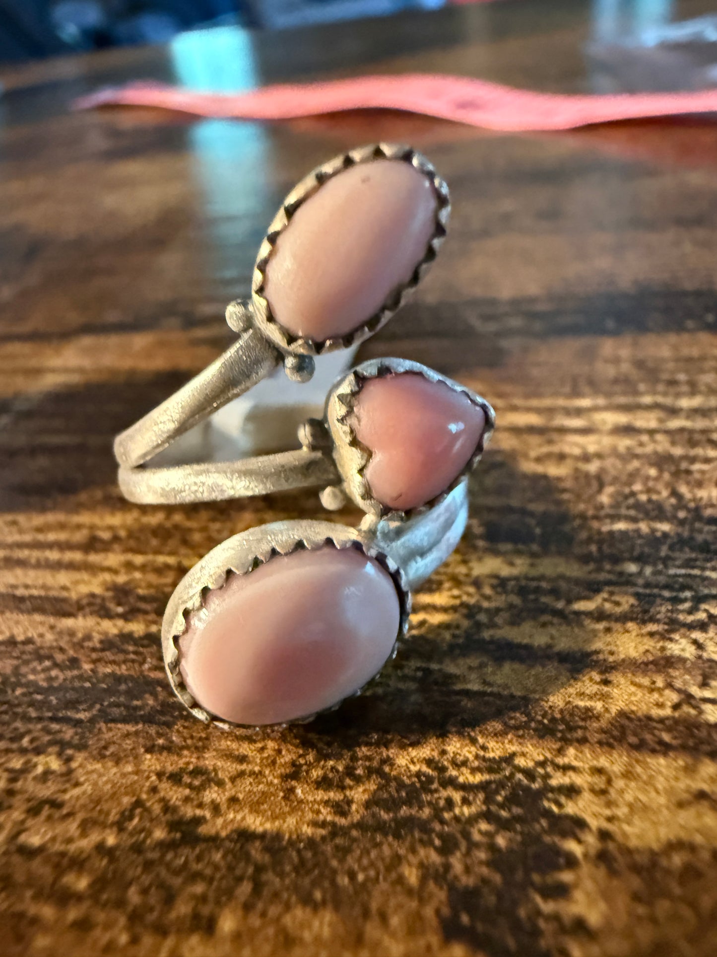 Pink Conch Turquoise Gemstone Ring Sterling Silver Adjustable Wild West Boho
