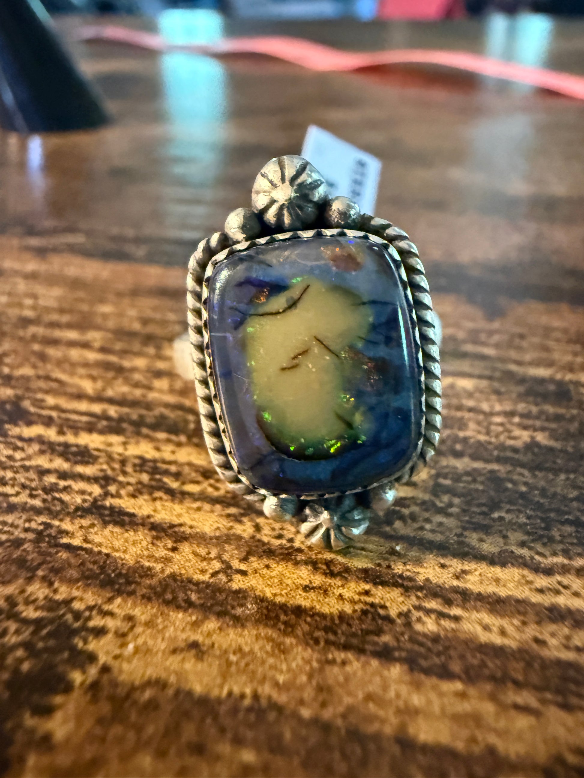 Purple Opal Gemstone Ring, Adjustable, Sterling Silver Wild West Boho