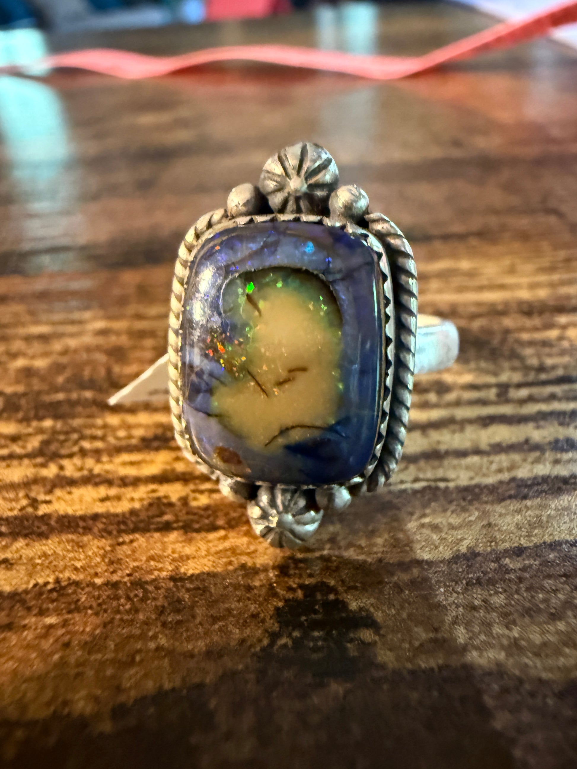 Purple Opal Gemstone Ring, Adjustable, Sterling Silver Wild West Boho