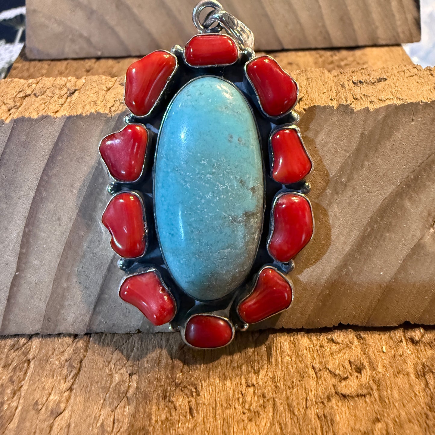 Mediterranean Coral and Turquoise 2.5 Inch Cluster Pendant, Sterling Silver Wild West Boho