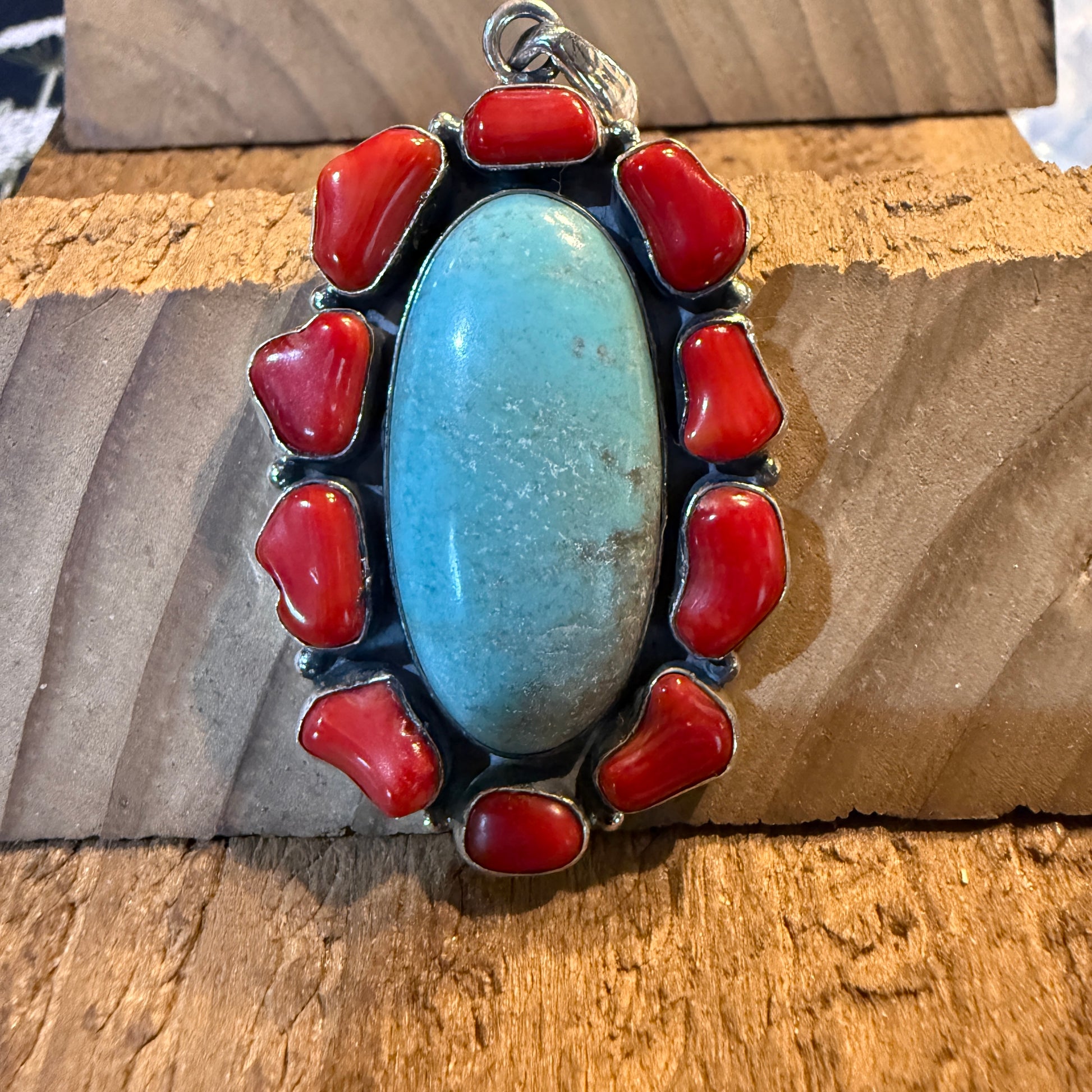 Mediterranean Coral and Turquoise 2.5 Inch Cluster Pendant, Sterling Silver Wild West Boho