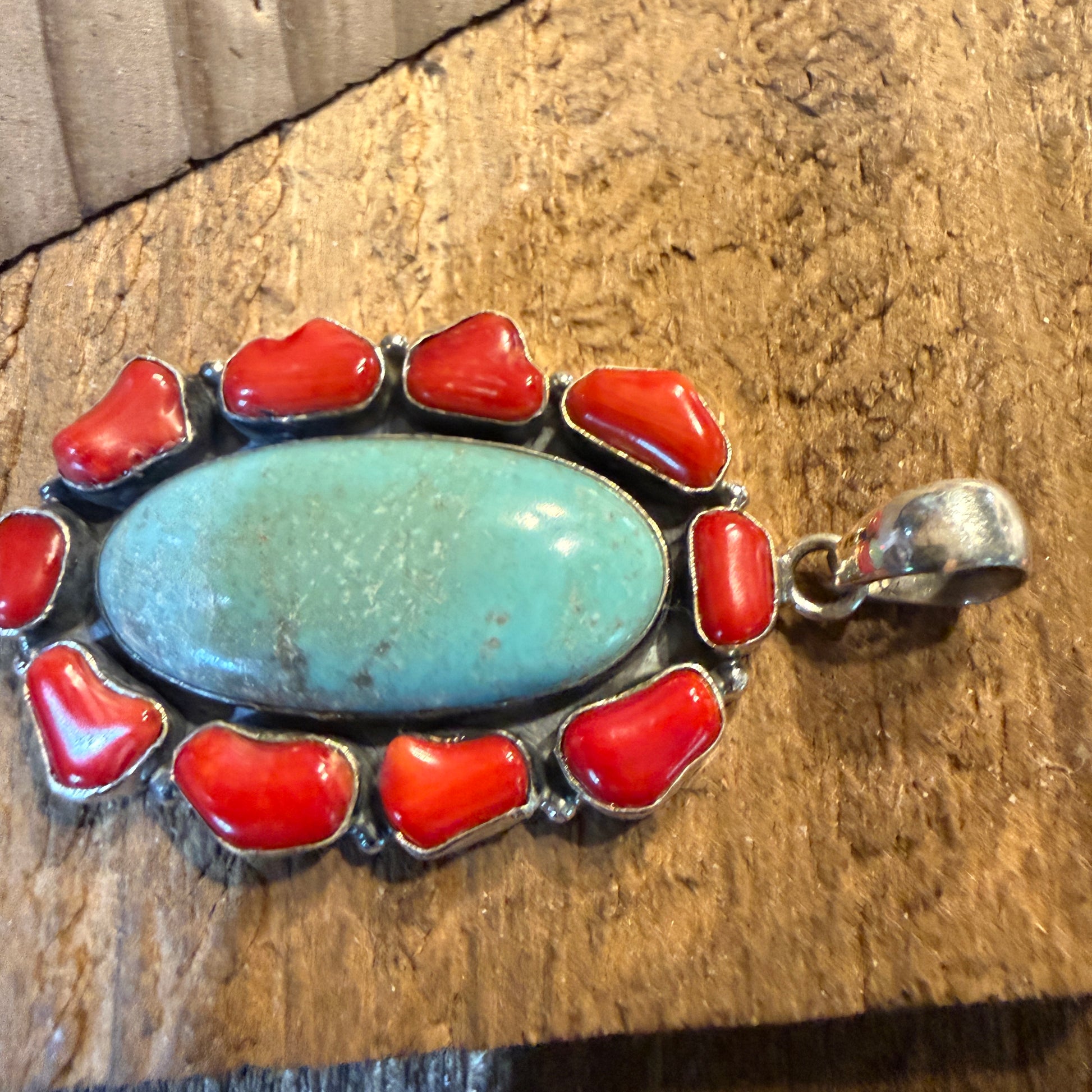 Mediterranean Coral and Turquoise 2.5 Inch Cluster Pendant, Sterling Silver Wild West Boho