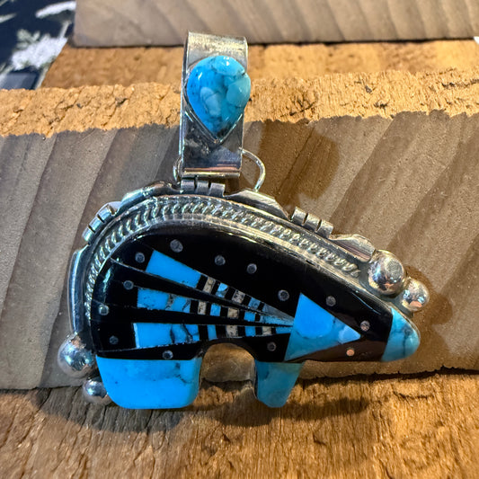Ray Jack Native Handmade Multi-stone Inlaid Bear Pendant, Sterling Silver Silver Elegant