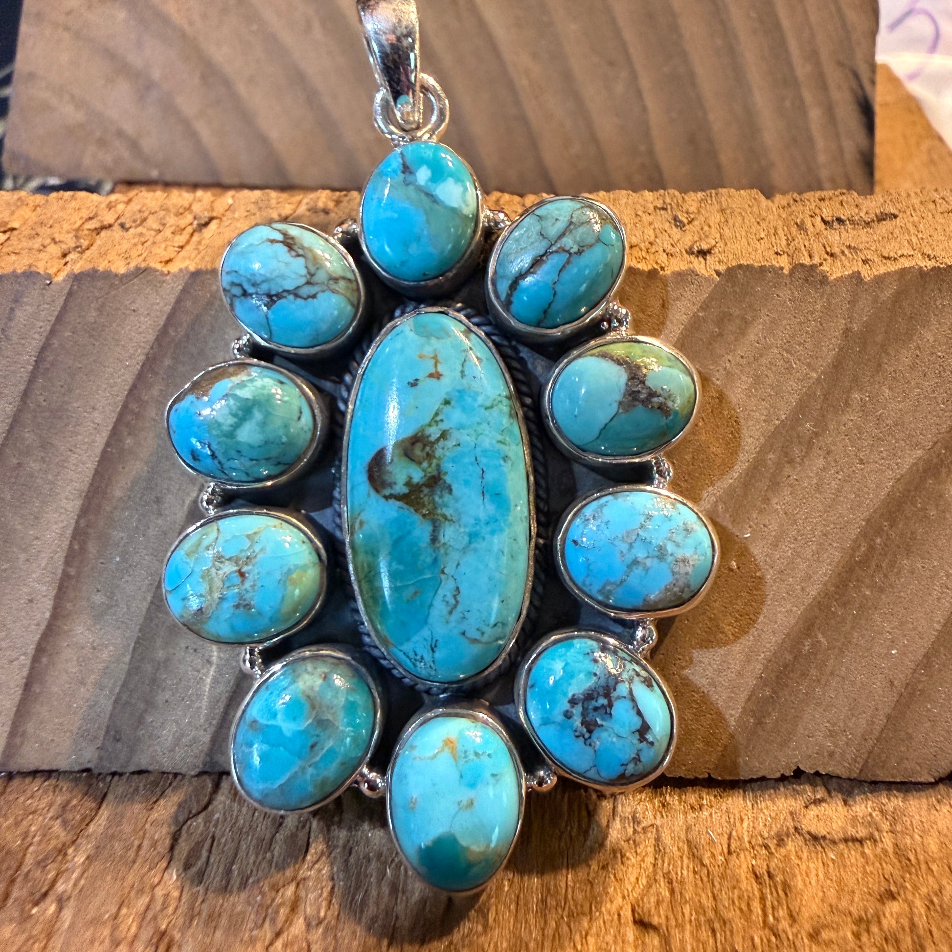 Mojave Turquoise 2.5 Inch Cluster Pendant, Sterling Silver Wild West Boho