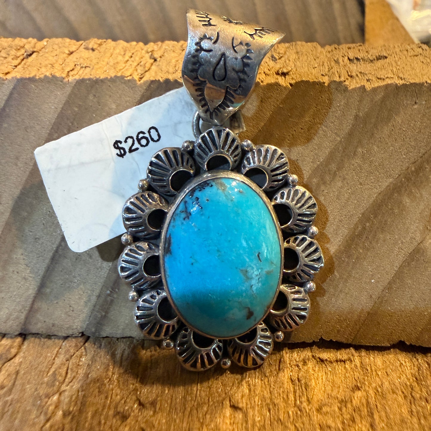 Signed Native Handmade Kingman Turquoise Scolloped Pendant, Sterling Silver Wild West Boho