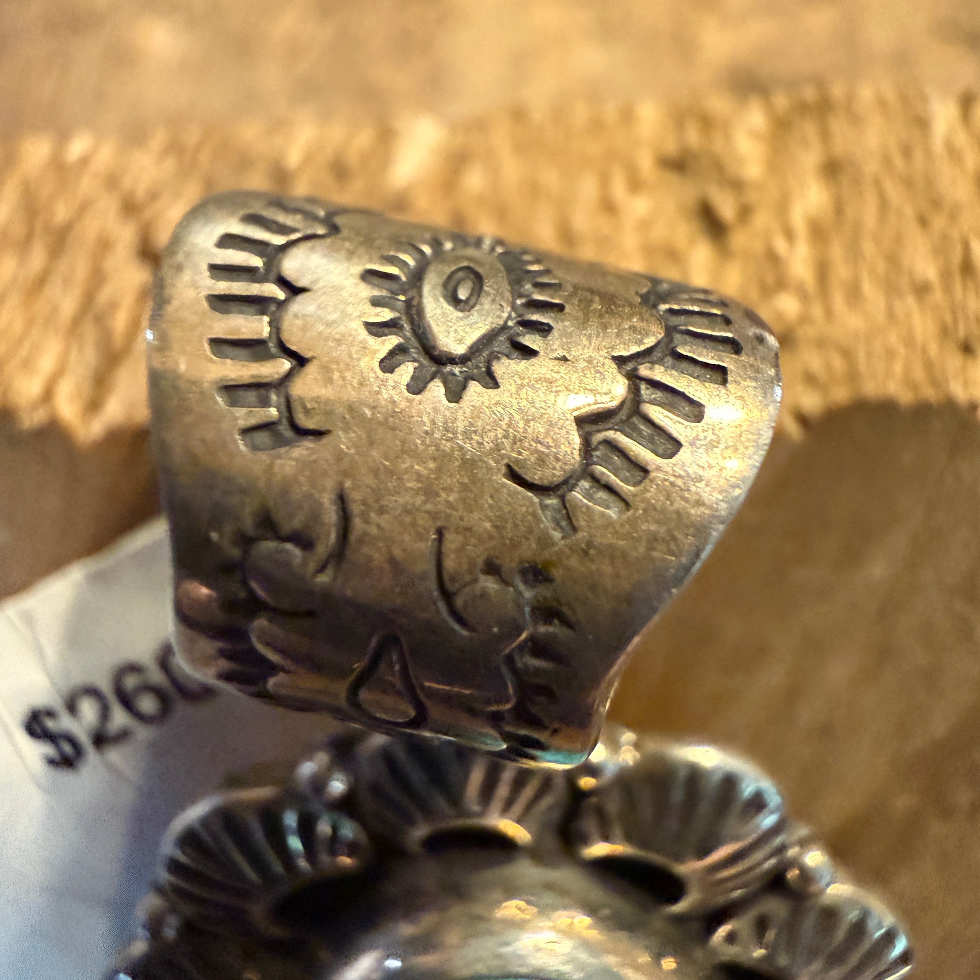 Signed Native Handmade Kingman Turquoise Scolloped Pendant, Sterling Silver Wild West Boho
