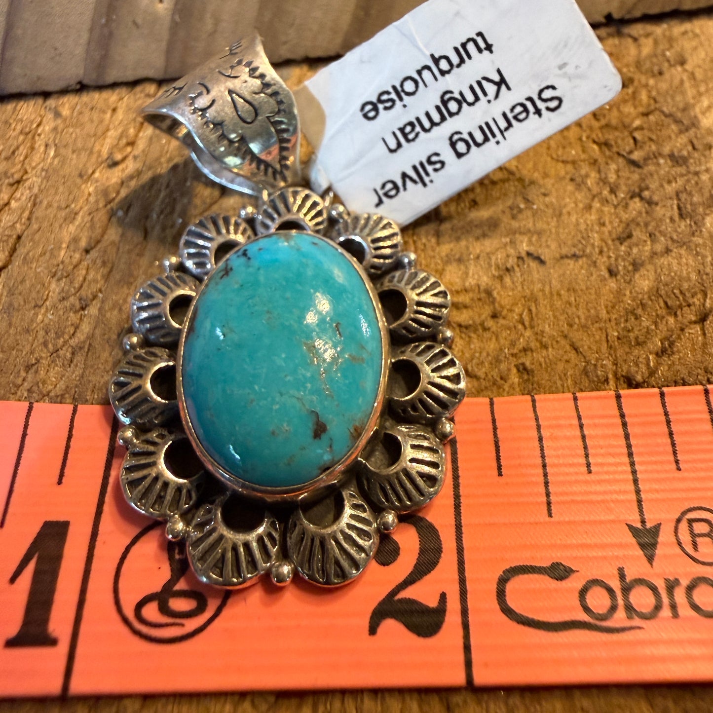 Signed Native Handmade Kingman Turquoise Scalloped Pendant In Sterling Silver Wild West Boho