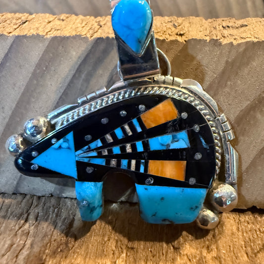 Ray Jack Signed Native Handmade Inlaid Bear Pendant, Sterling Silver Wild West Boho