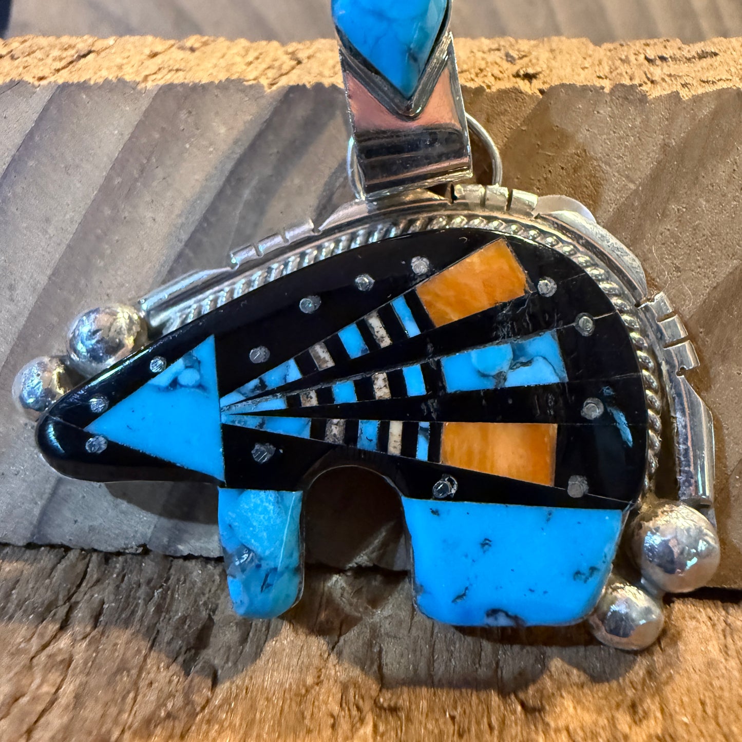 Ray Jack Signed Native Handmade Inlaid Bear Pendant, Sterling Silver Wild West Boho