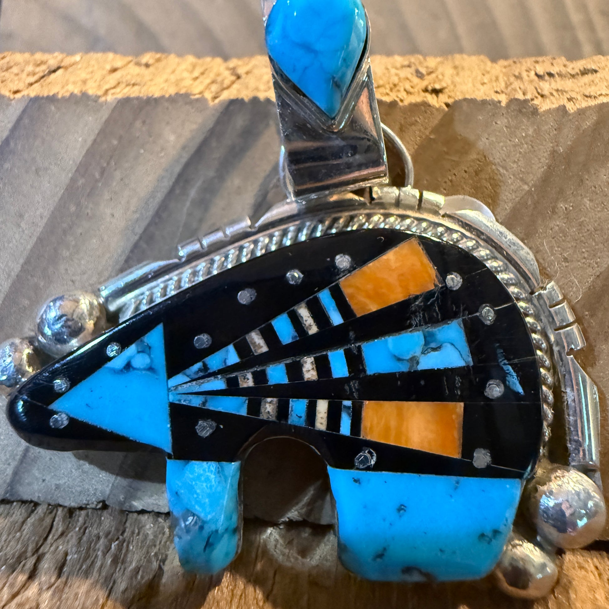 Ray Jack Signed Native Handmade Inlaid Bear Pendant, Sterling Silver Wild West Boho